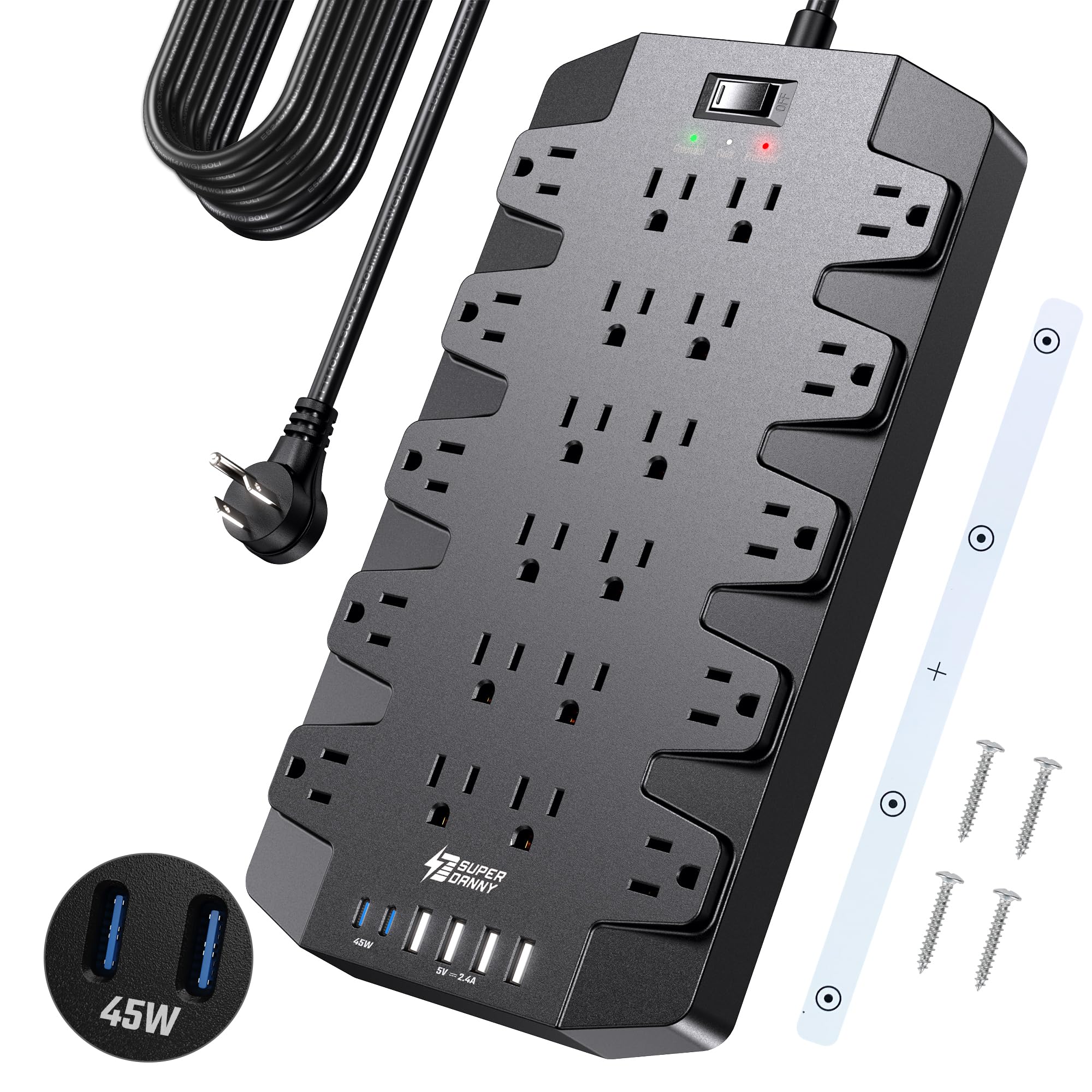 SUPERDANNY Power Strip Surge Protector with 15ft Extension Cord - 22 Outlets, 6 USB Ports, 45W Fast Charging - 1875W/15A, 2100J, 45°Plug, Mountable -