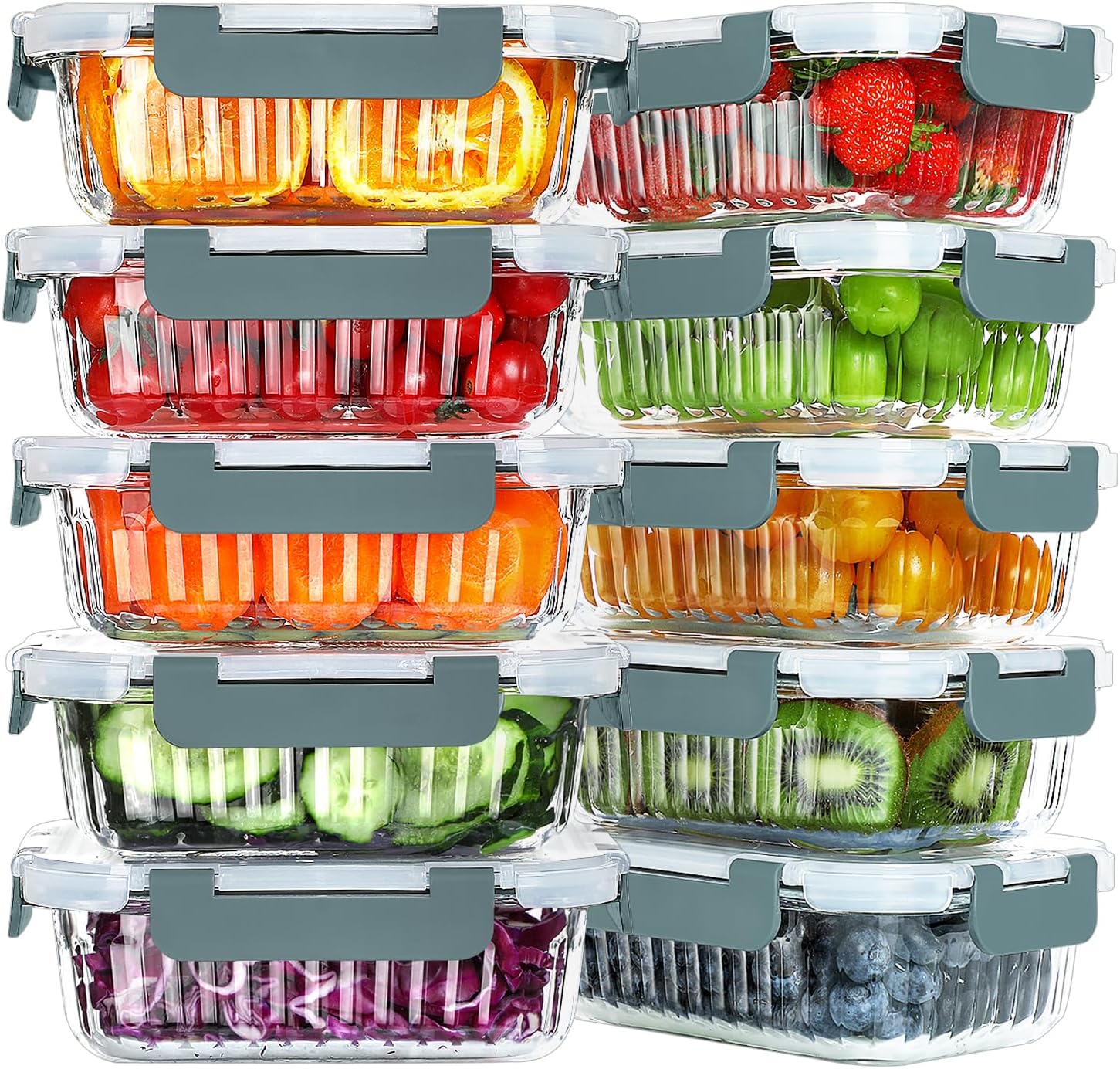 KOMUEE10 Packs 22 oz Glass Meal Prep Containers, Glass Food Storage Containers with Lids, Airtight Glass Lunch Containers, BPA Free, Microwave, Oven, Freezer and Dishwasher Friendly, Gray
