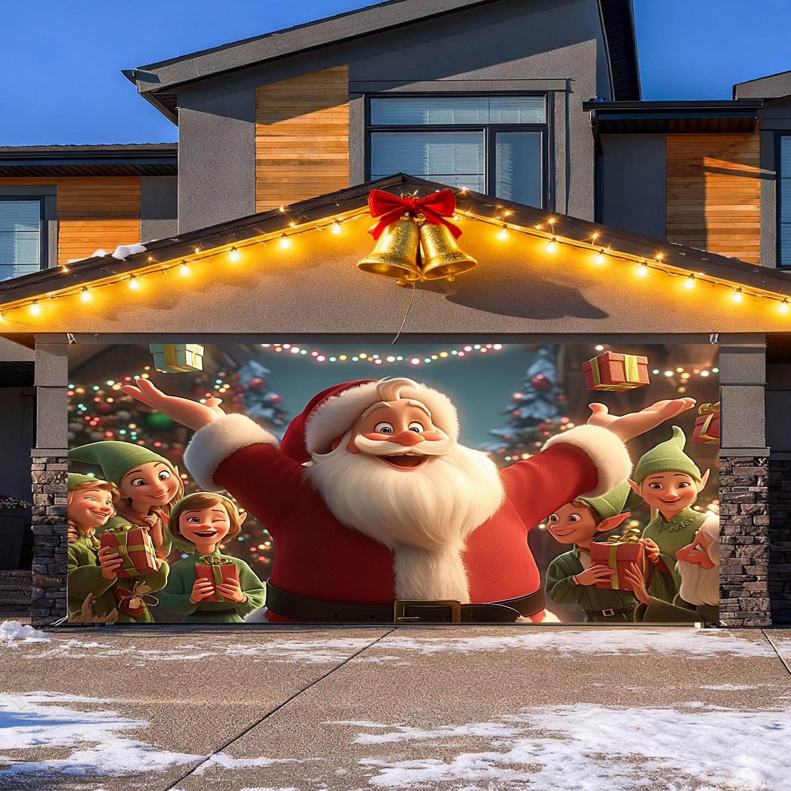Cartel de bienvenida con texto en inglés "The Merry Christmas Christmas The Background Party Santa Photography Garage Door Background Party Decor 269