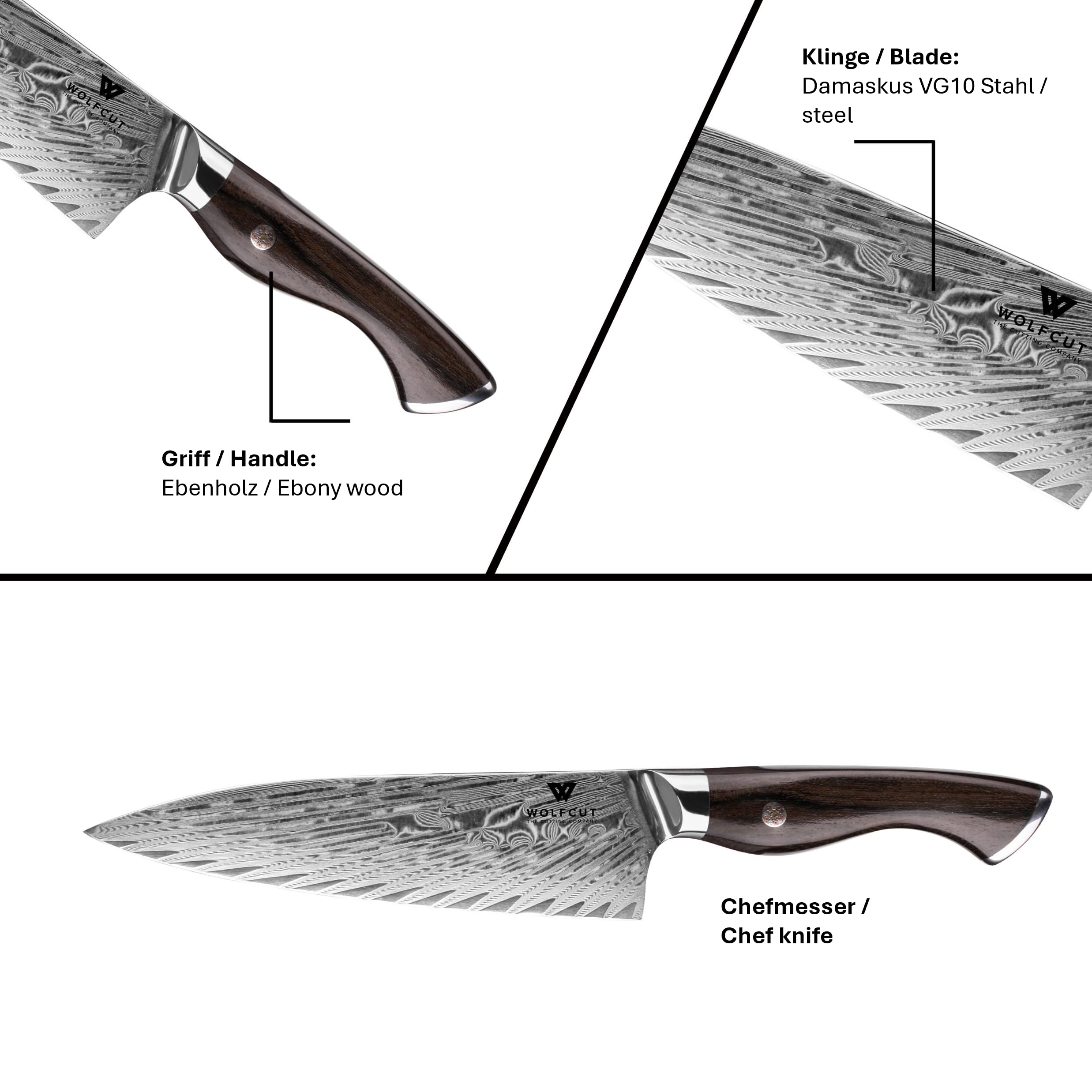 Wolfcut Damaskus Ōkami Chefmesser mit Ebenholzgriff | 21 cm Klinge 73-lagiger Damaszenerstahl | mit Geschenkbox | Damascus Küchenmesser | Damastmesser | Super scharf