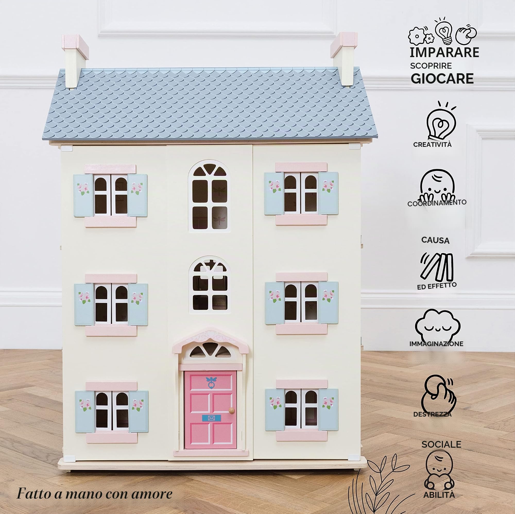 Le Toy Van Casa delle bambole Cherry Tree Hall in legno certificato FSC, 3 anni, per bambina, 3 piani, l 64 x p 41 x h 92 cm, con scala interna, finestre e porte apribili, Montessori