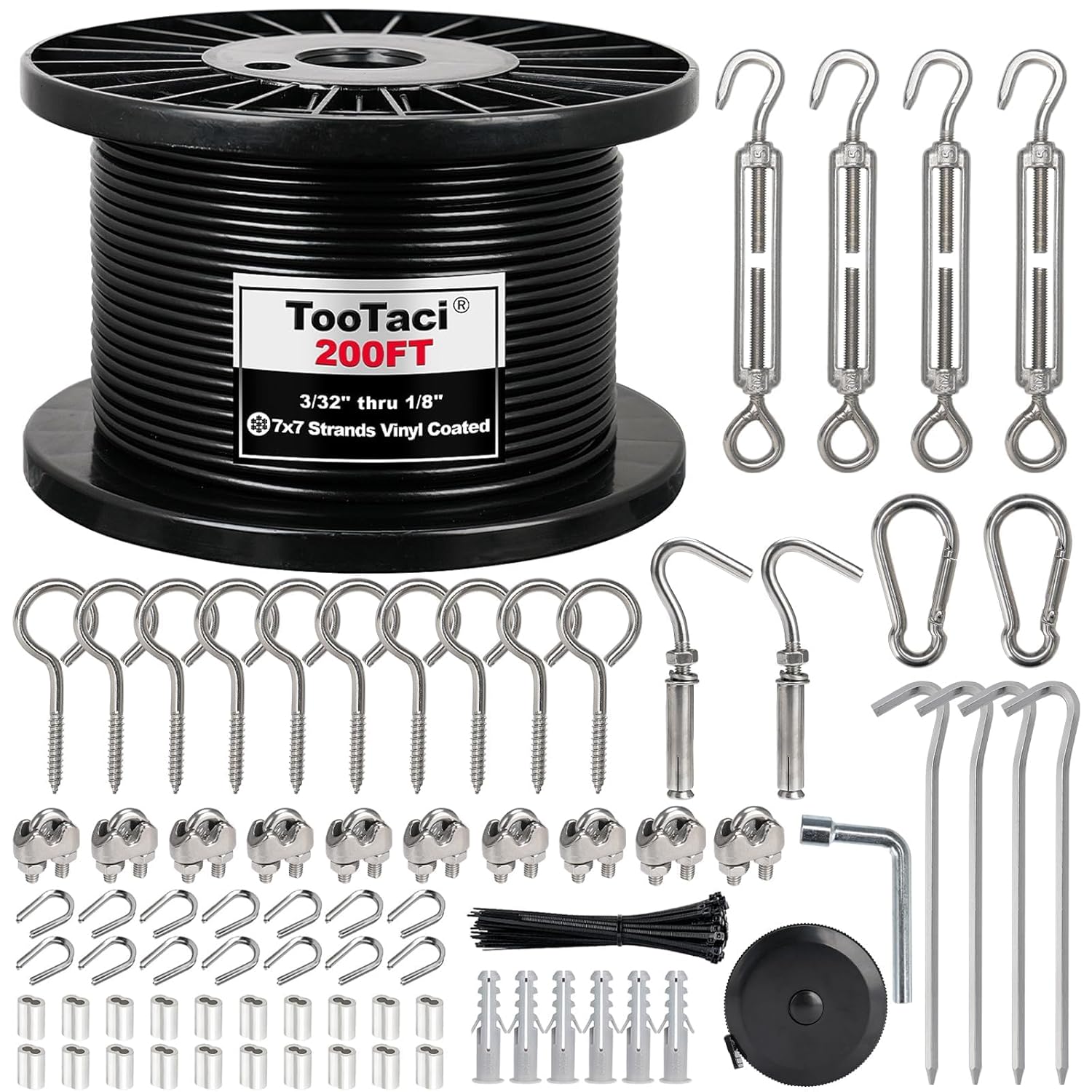 TooTaci 1/8" Wire Rope Kit, 200FT Black Vinyl Coated Stainless Steel Cable with M5 Turnbuckles for Cables Wire for String Light Hanging, Clothesline, Garden Trellis, Curtain