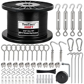 TooTaci 1/8" Wire Rope Kit, 200FT Black Vinyl Coated Stainless Steel Cable | M5 Turnbuckle Wire Tensioner Kit, 7x7 strand Cables Wire for String Light, Clothesline, Garden Trellis, Curtain, Fixed Tent
