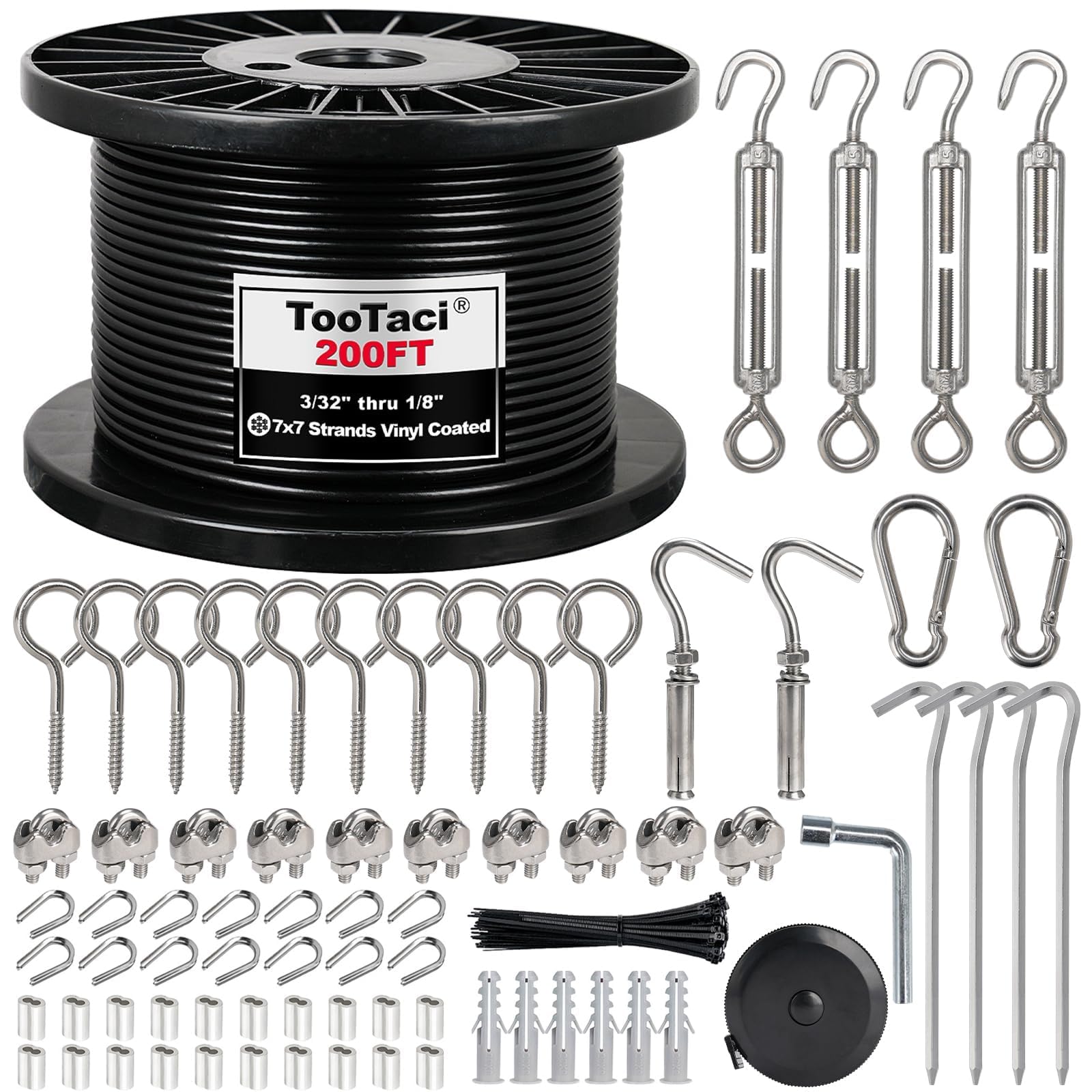 TooTaci Kit de Cable de Acero Inoxidable Negro de 3mm y 60M Revestido en Vinilo – Con Tensores M5 para Luces Colgantes, Tendedero, Enrejado de Jardín y Cortinas