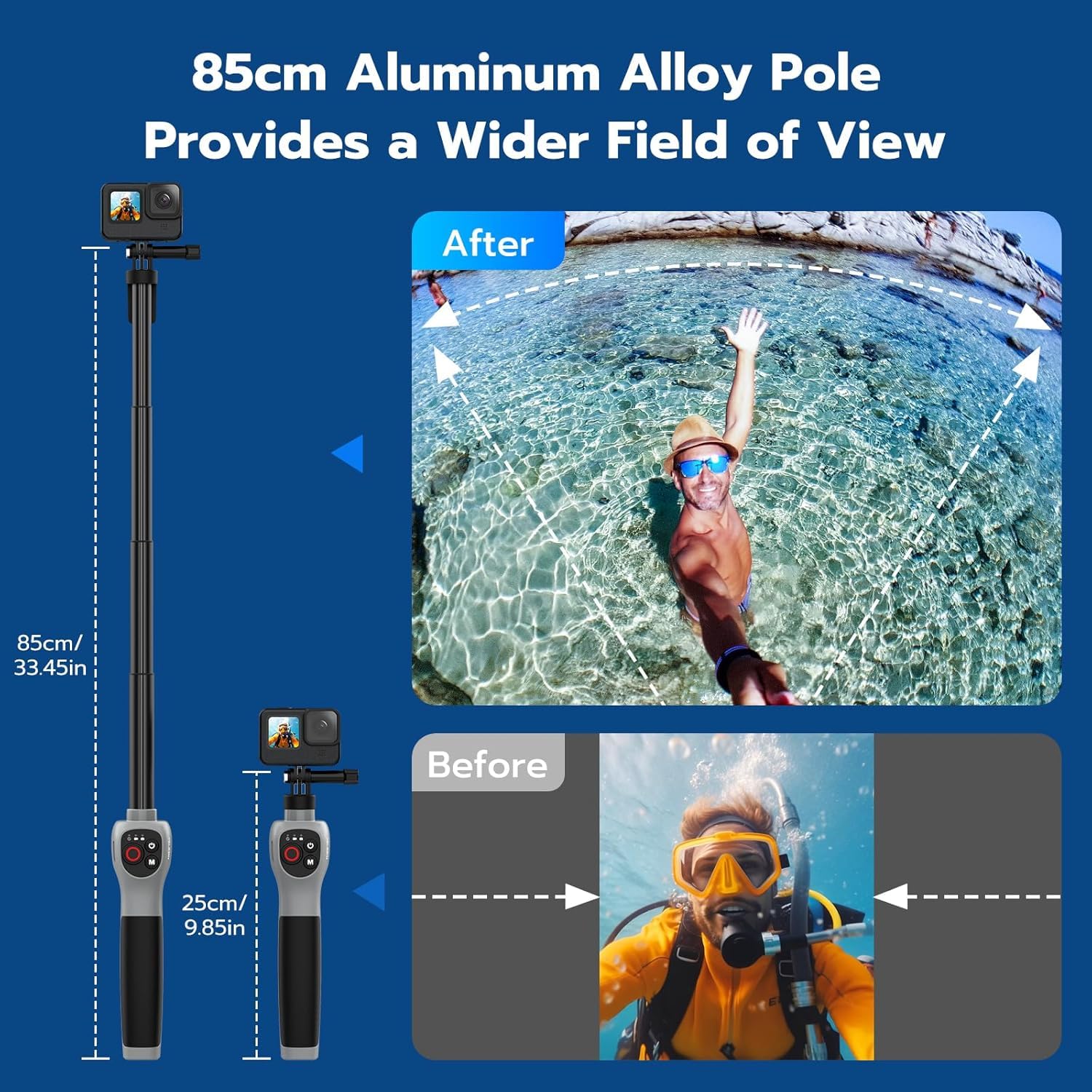 Telesin Podwodny kijek do selfie, ze zintegrowanym pilotem zdalnego sterowania Bluetooth, wodoszczelny i wysuwany, czas ładowania 1 godziny, 21 godzin strzelania do nurkowania, surfowania, snorkelingu