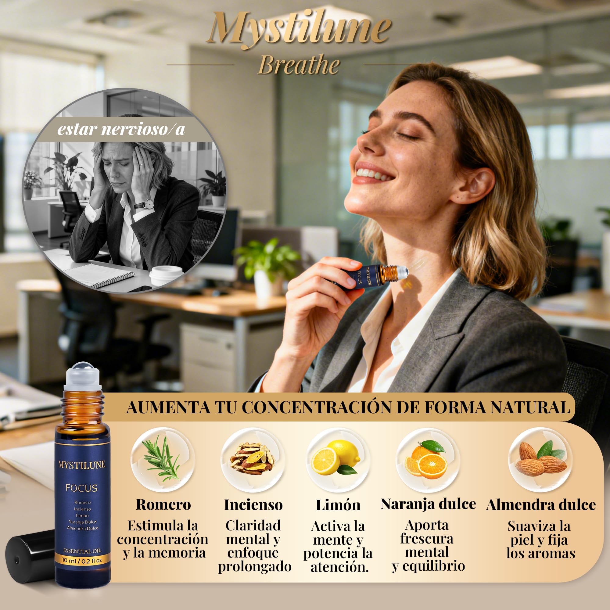 Breathe Roll On Aceites Esenciales – Calm, Focus Y Energy | Aromaterapia Natural 100% Vegana Con Pouch Premium | Regalos Originales para Mujer