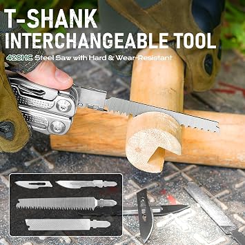 BIBURY Multitool Pliers Pro with 440A Knife & Full Size Scissors, BI2049 | YG12 Tungsten Wire Cutters, T-Shank Wood Saw, Screwdriver Bit & Sheath, EDC Multi Tool for Camping Hiking, Gifts for Men