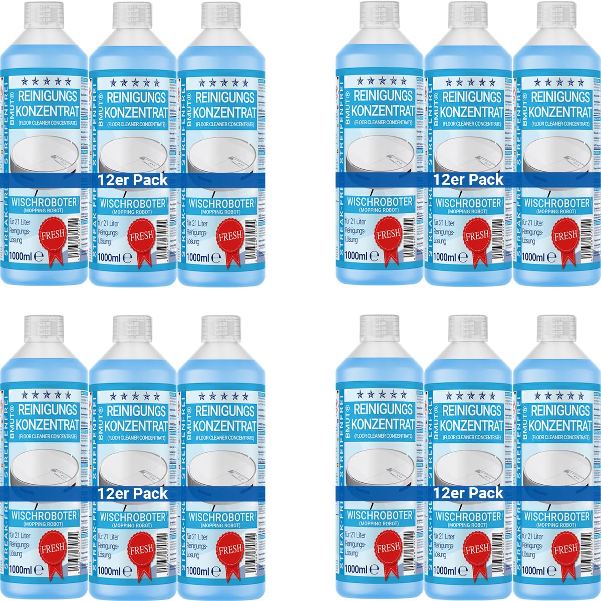 12 x 1000 ml limpiador para robot limpiador concentrado con aroma fresco y vaso dosificador, sin rayas y poco espuma, limpiador de suelos