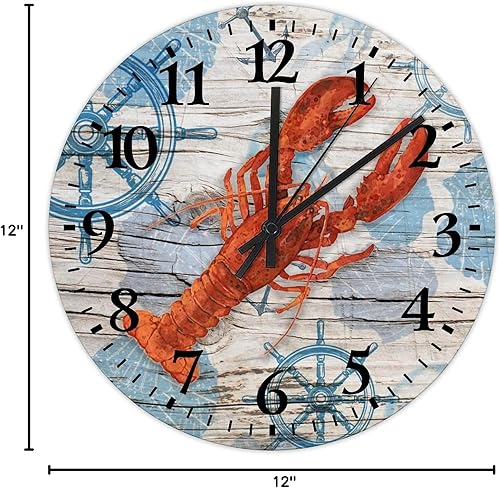 Miniatura 9 de Reloj de madera de langosta de 12 pulgadas, silencioso, sin tictac, conchas y estrellas de mar, decoración de playa, reloj de pared de madera