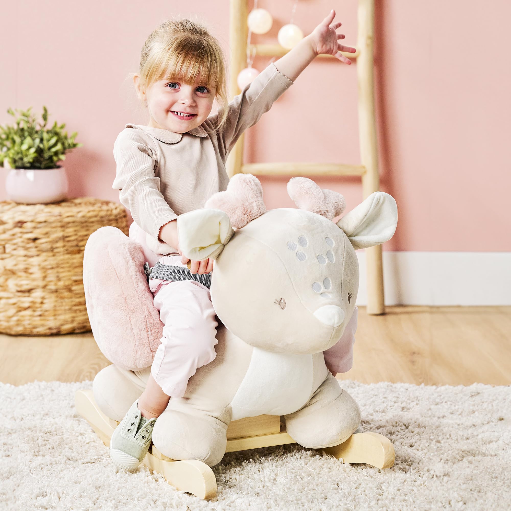 Nattou Animale a Dondolo, Cerbiatto, Cintura di Sicurezza Inclusa, Allegro Dondolio Avanti e Indietro, 100% Poliestere, FanFan, Beige