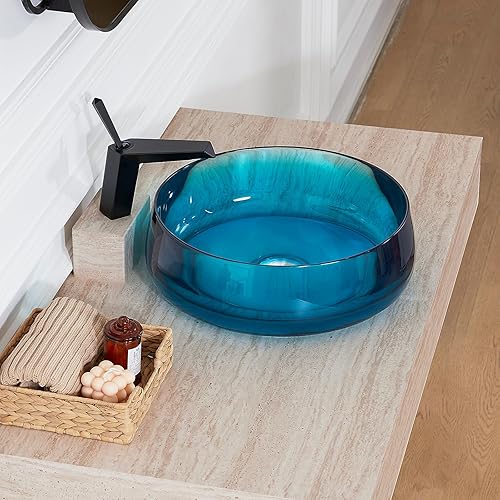 Miniatura 4 de Cpingao Fregadero de baño de resina de piedra transparente de 17.7 pulgadas redondo para baño, lavabo sobre encimera con drenaje desplegable (azul)