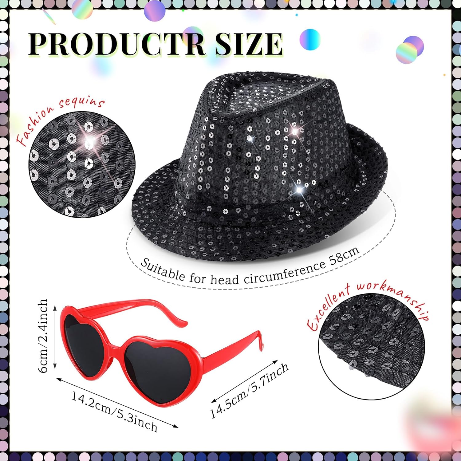 Geyoga 2 Pcs Halloween Costume Accessories Black Sequin Hat Women Heart Shaped Sunglasses Black Disco Hat Sequins Party Hats for Adults Retro Disco Concert Party Supplies - Image 2