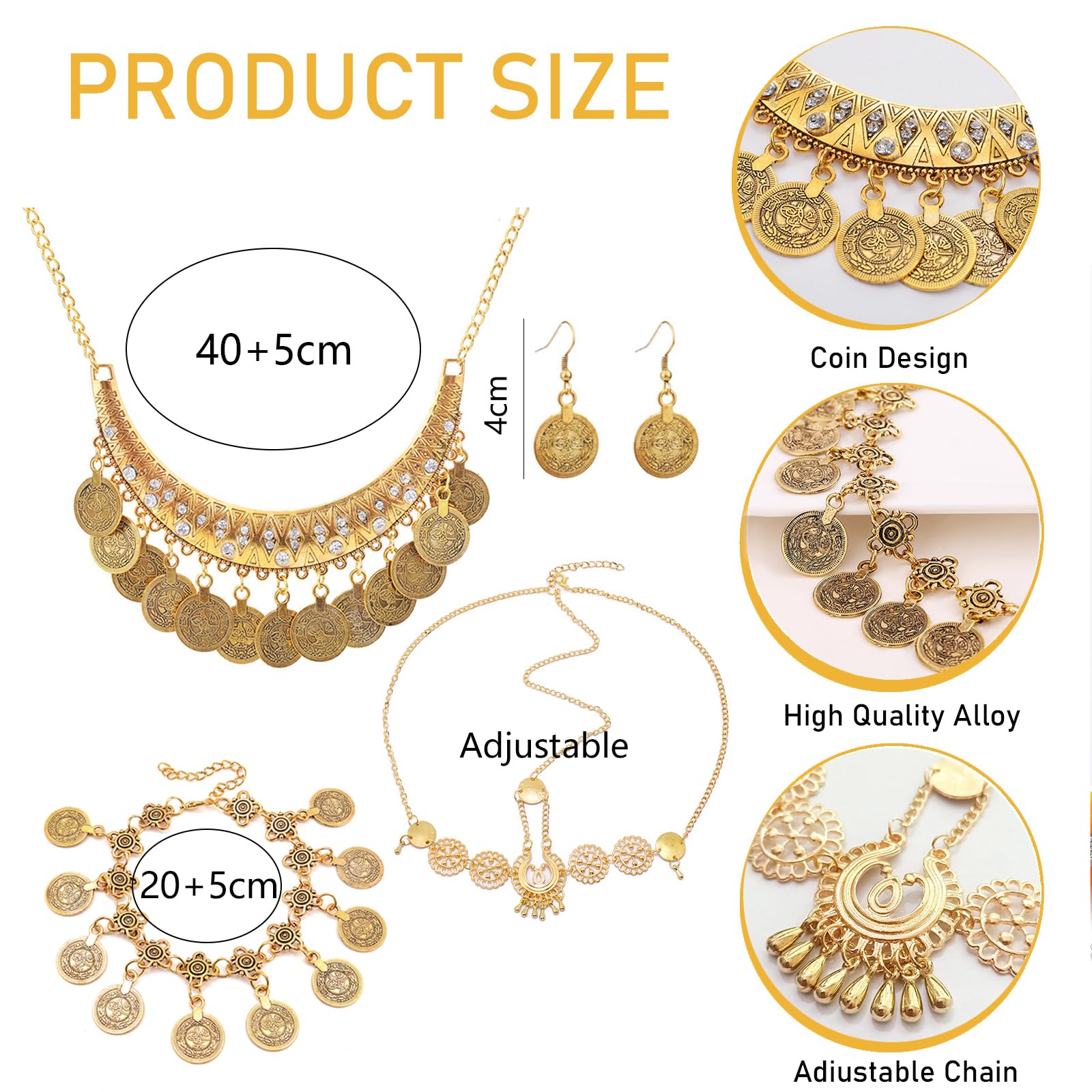 4Pcs Parure Bijoux Femme Danse du Ventre Tenue Indienne Bollywood Collier Piece de Monnaie Doré Bracelet Indien Chaîne de Tête Boucles D'oreilles Costume Danse Orientale Femme Fête à Thème Carnaval