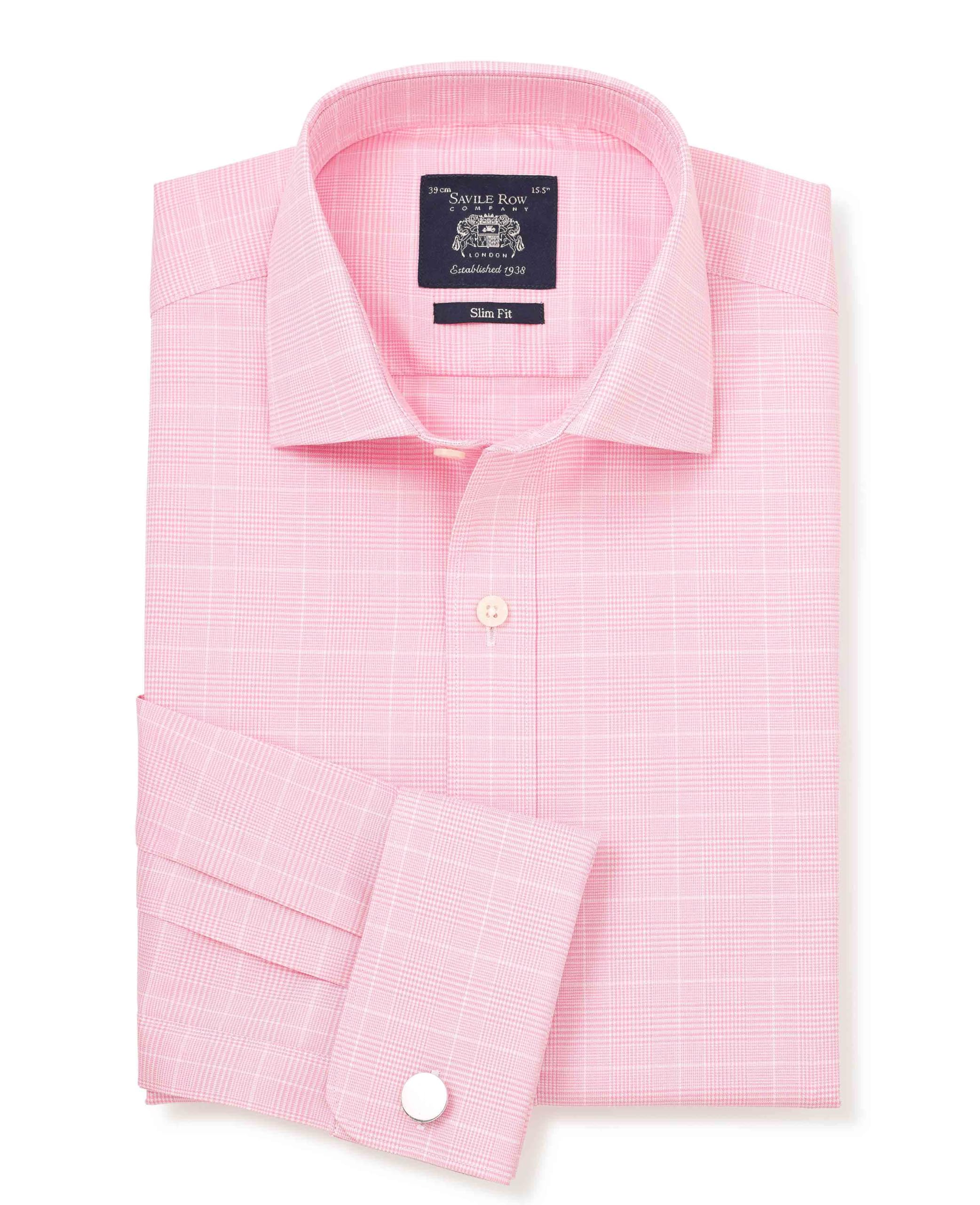 THE SAVILE ROW COMPANY LONDON Men's Slim Fit Cotton Poplin Long Sleeve Formal Shirt - Double Cuff - Pink White Prince of Wales Check - 16.5" Collar - Standard