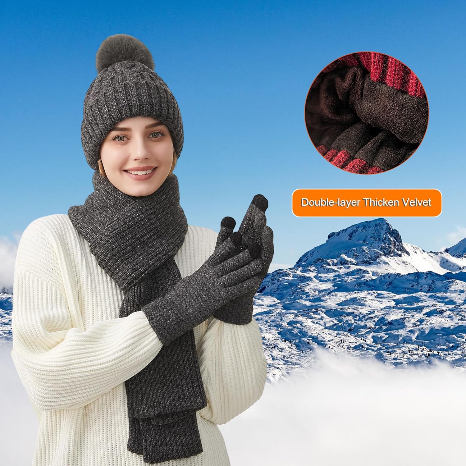 Women Winter Beanie Hat Circle Scarf Set Pompoms Peruvian Ski Snow Ear Flaps Cold Weather Warm Sherpa Knit Hats Fleece Lined - Image 5