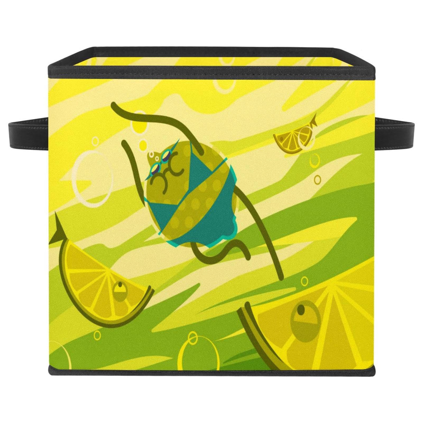 Boîte de rangement pliable en tissu cube avec poignées motif citron jaune