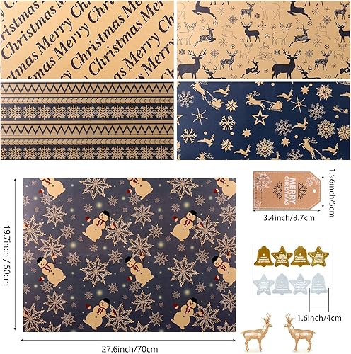 Miniatura 7 de Hojas de papel de regalo de Navidad, papel kraft reciclado azul marino y marrón con etiquetas adhesivas, 6 hojas de papel de regalo de Navidad para