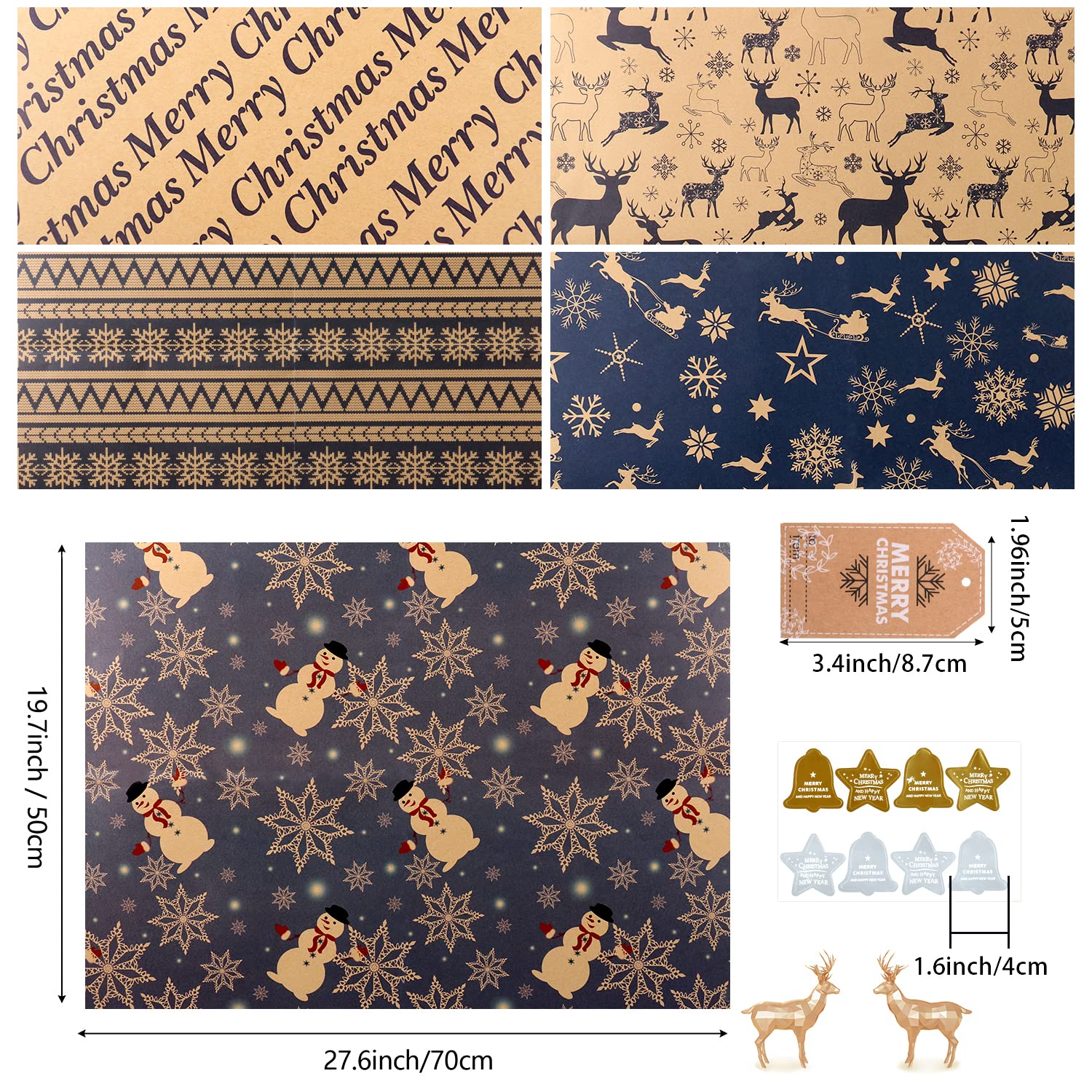 Lot De 6 Feuilles Papier Cadeau Noël Kraft Bleu Marine Marron - Avec étiquettes Et Ficelle - 4