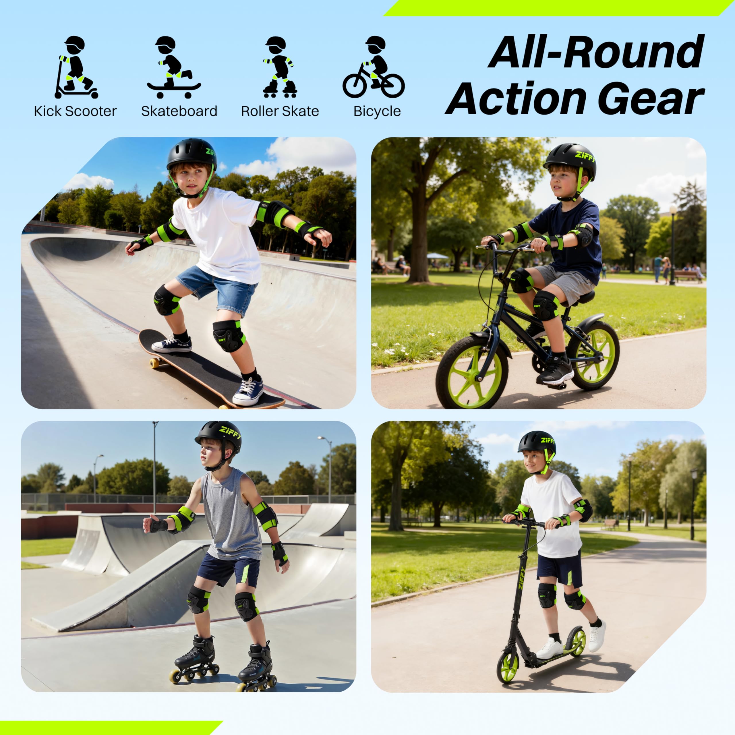 ZIFFY Rodilleras y coderas ajustables para niños de 7 a 12 años, juego de equipo de protección transpirable para niños, diseñado para patines de ruedas, patineta, ciclismo, equitación, 2 tamaños, 4
