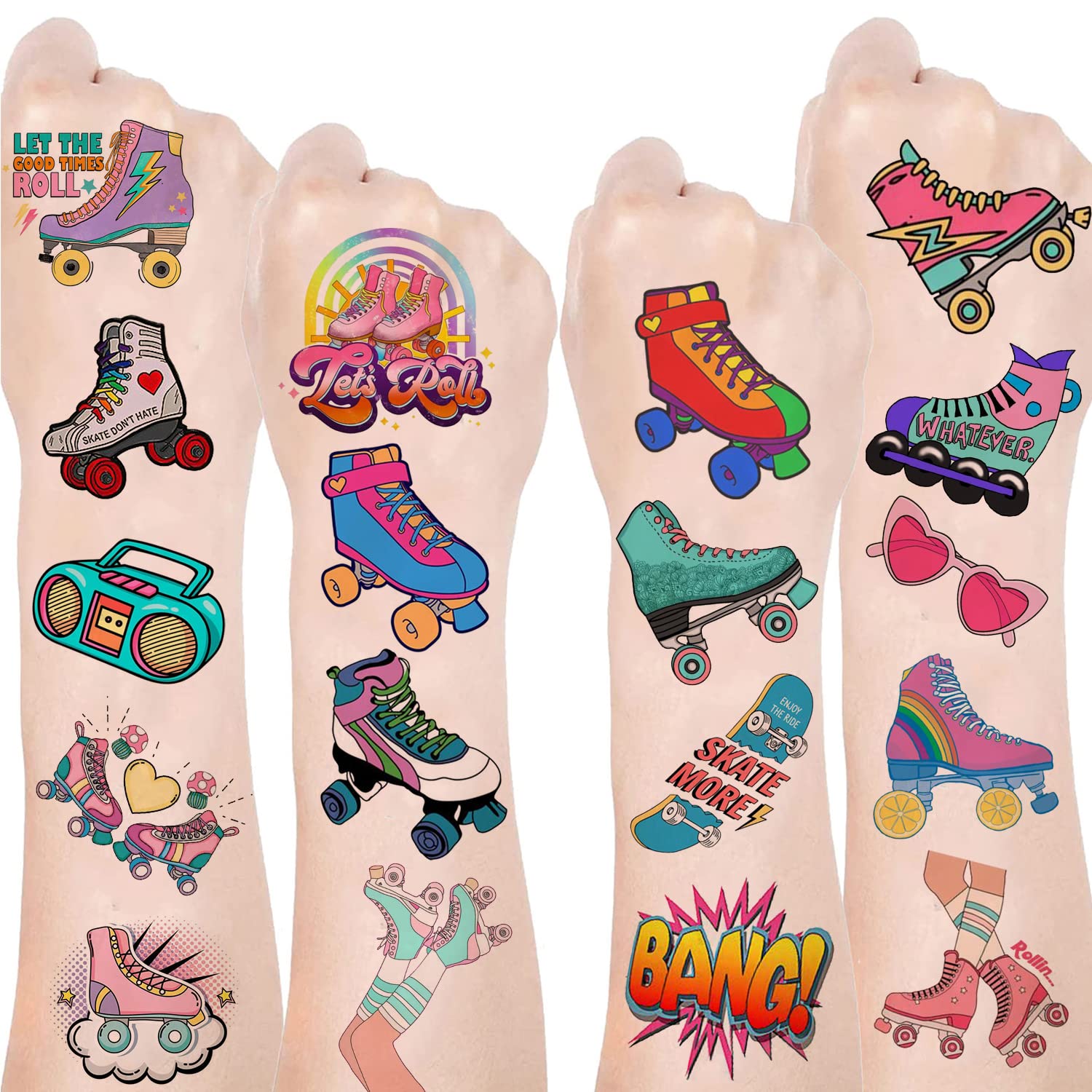 YYMYMGJ 16 Sheet Roller Skate Party Favors Roller Skating Temporary Tattoos Stickers for Kids Girls Boys Throwback to 90s Roller Skate Theme Party Decorations supplies (192 PCS)