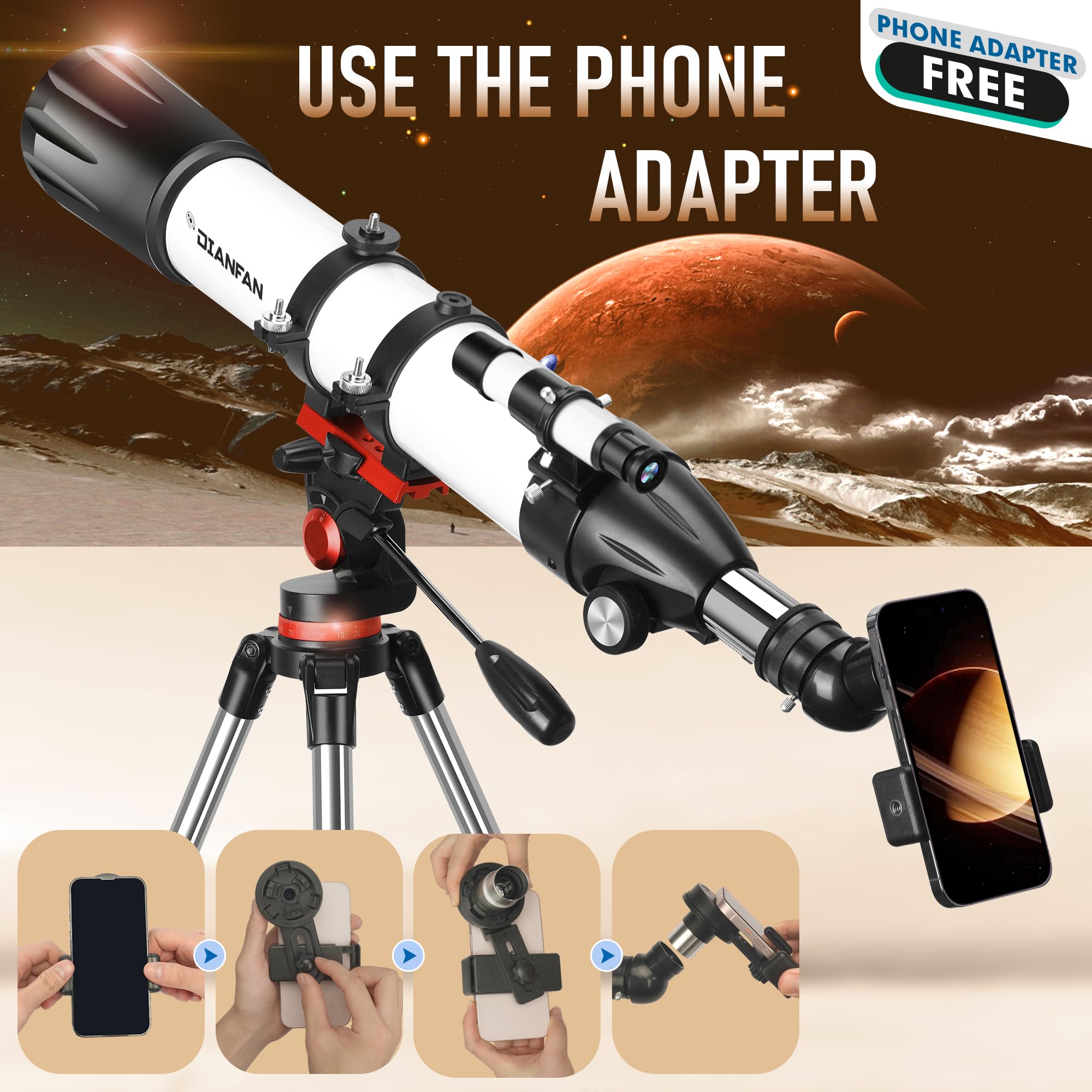 Dianfan 90mm Aperture 800mm Refractor Telescope - For Adults & Beginners, With Tripod & Phone Adapter