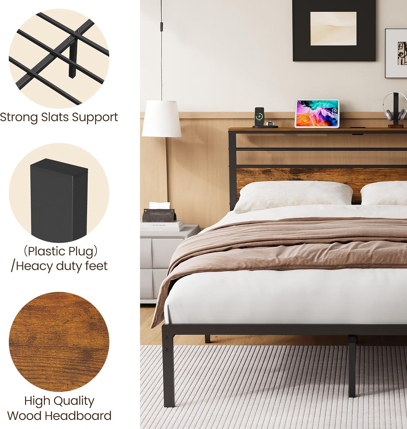 RoyalCraft Bed Frame with Headboard and Footboard, Industrial Twin Bed Frame with Storage Shelves, Solid and Stable, Noise Free, No Box Spring Needed, Easy Assembly