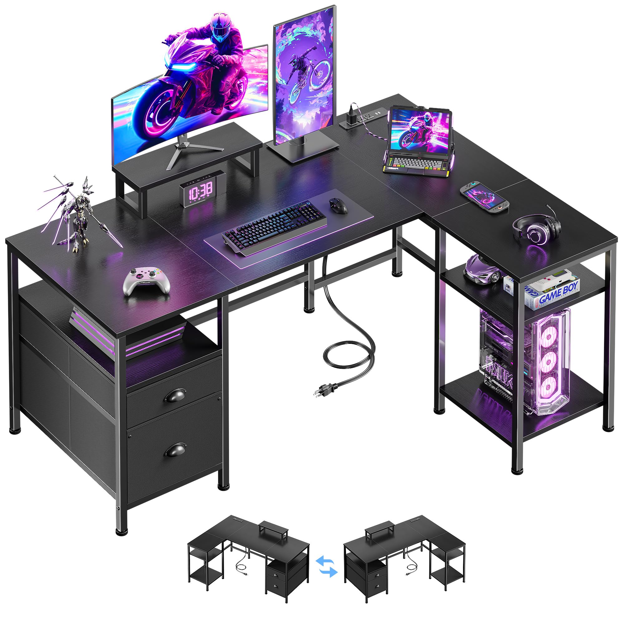 Furologee 50 Inch L Shaped Gaming Desk with Power Outlet and Drawers, Black