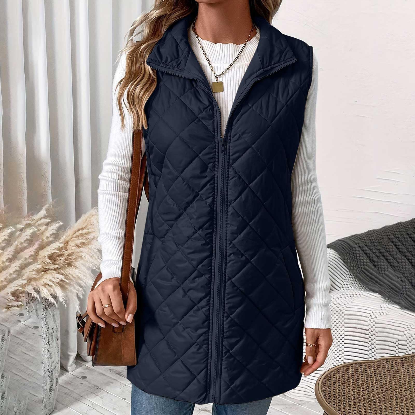 OVARA Gilet trapuntato da donna con colletto alla coreana, leggero, con cerniera, imbottito, termico, comodo, casual, tinta unita, gilet da donna, giacca lunga senza maniche