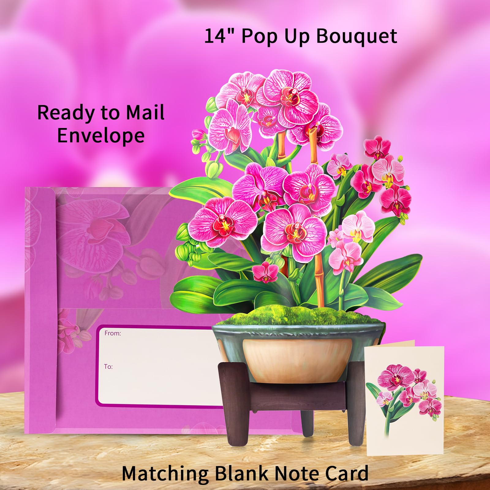 Airpark Pop-Up-Blumenstrauß-Karte für Frauen, 3D-Blumengrußkarte mit Umschlag und Notiz, Geburtstag, Dankeschön, Thinking of You Get Well Geschenk für Mutter, Freundin, Ehefrau, Lehrer, Orchidee
