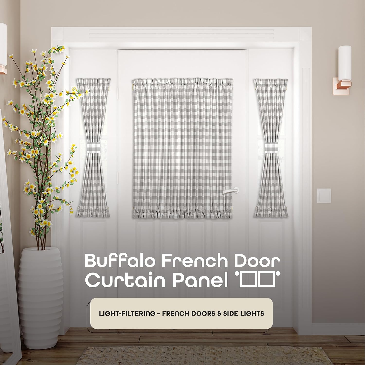 Light Filtering French Door Curtain Panel - 54" x 40"- Sidelight Window Coverings with Adjustable Tieback for Living Room, Patio & Front Doors - Machine Washable Drapes - Buffalo Check Grey