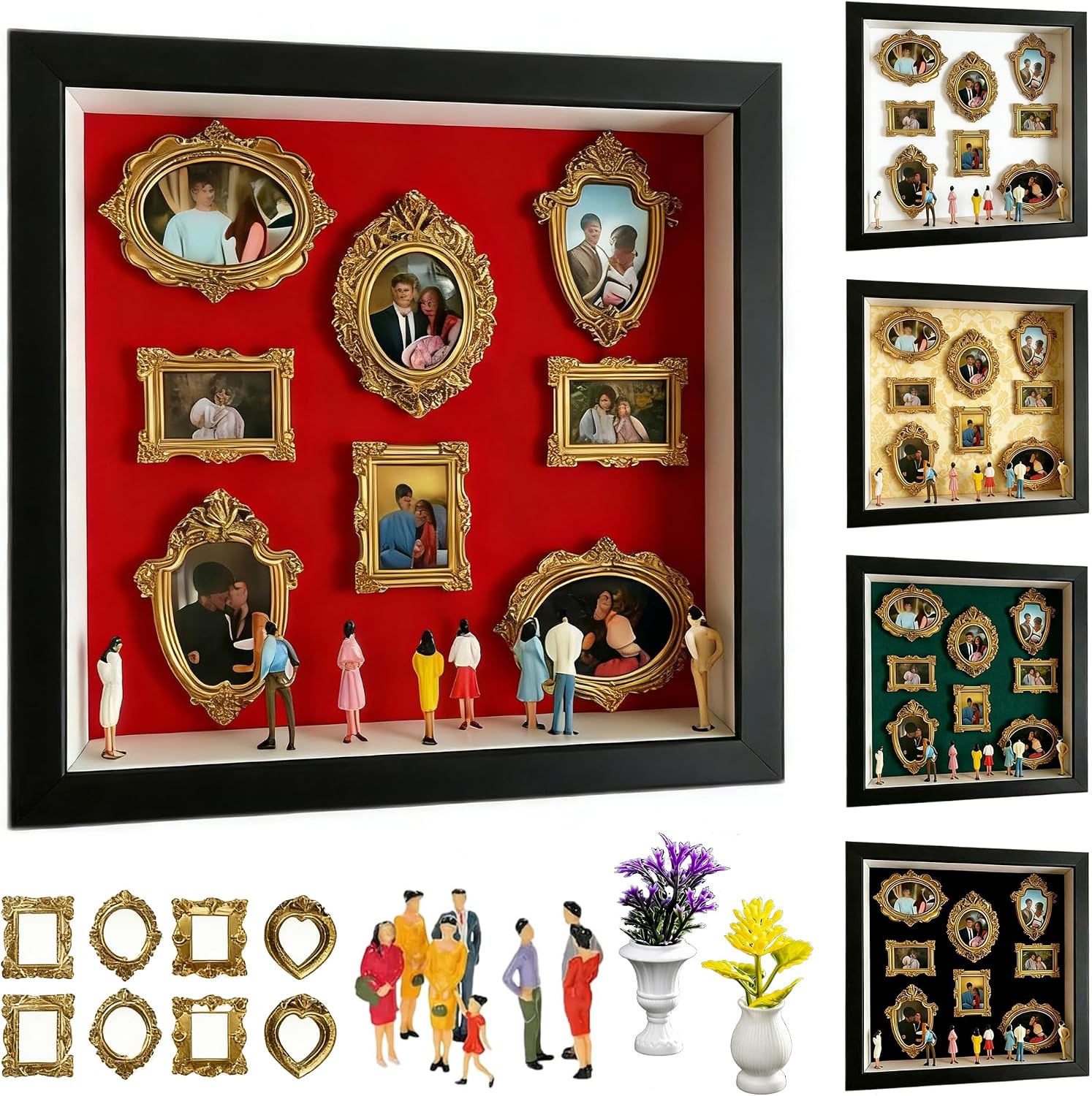 DIY Mini Museum Silhouette Box, Personalized Museum of Us Frame Kit, Black | Shadow Box Frame Set, 9.9 in, 4 Backgrounds, 8 Gold Picture Frames & 8 Figurines, Gift for Anniversary, Birthday & Home Decor