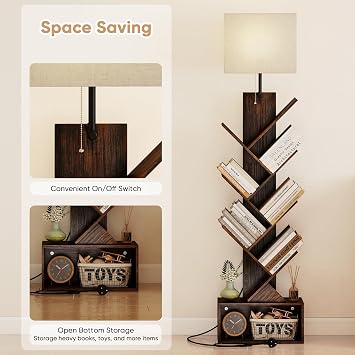 Quikraen 6-Tier Tree Bookshelf with LED Light, Rustic Brown | Wooden bookcase ,Three-colour temperature LED lights,Industrial-style freestanding bookcase,Storage for Bedroom, Living Room