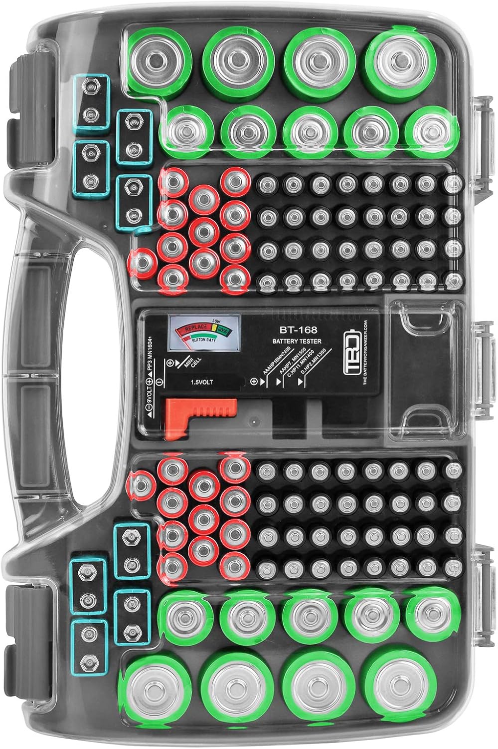 The Battery Organizer, Battery Storage Organizer Hinged Clear Cover with Locking Lid, Holds 180 Batteries, Includes a Removable Battery Tester, Holder for Garage Organization, Charcoal