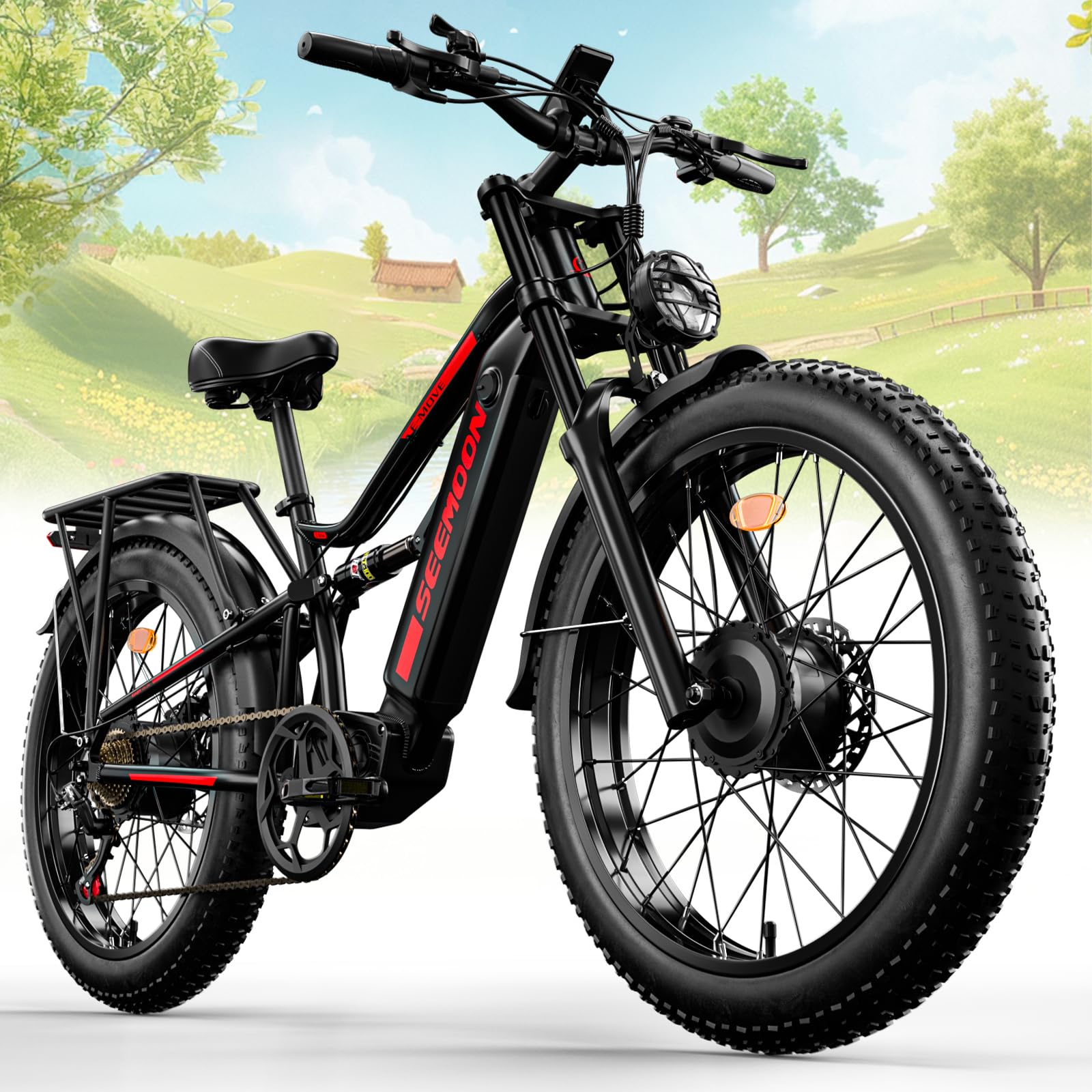 Seemoon Electric Bike for Adults 3000W Dual Motor 52V 20Ah 26" Fat Tire Fast Ebike Max 38 mph up to 100 Miles Full Suspension Hydraulic Brakes Class 3 Off-Road Mountain Dirt AWD Hunting Ebike for Men