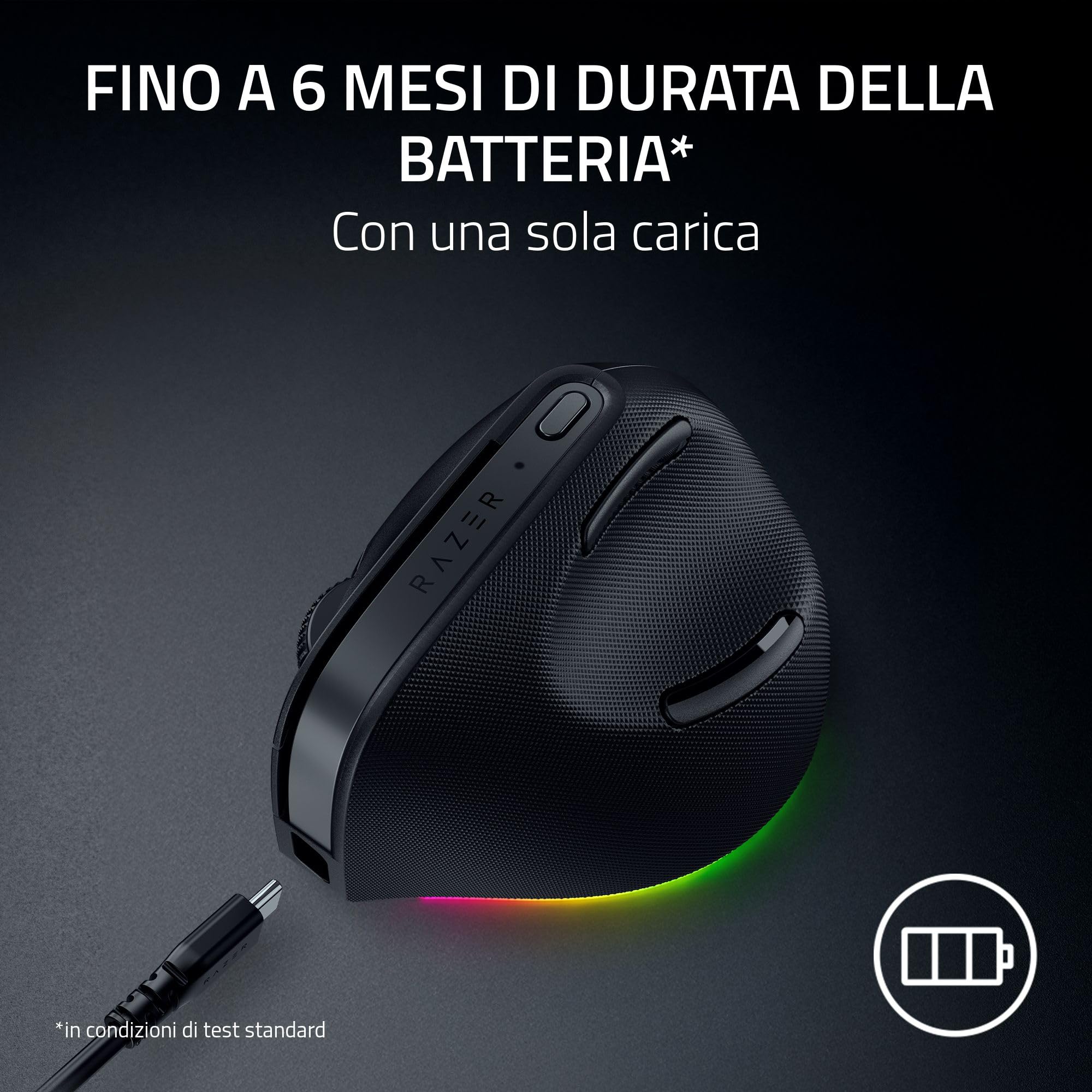 Razer Pro Click V2 Vertical - Mouse ergonomico verticale senza fili per utenti destrorsi - Assistenza IA Prompt - Sensore ottico 30K (durata della batteria fino a 6 mesi, Chroma RGB, 9 Pulsanti) Nero
