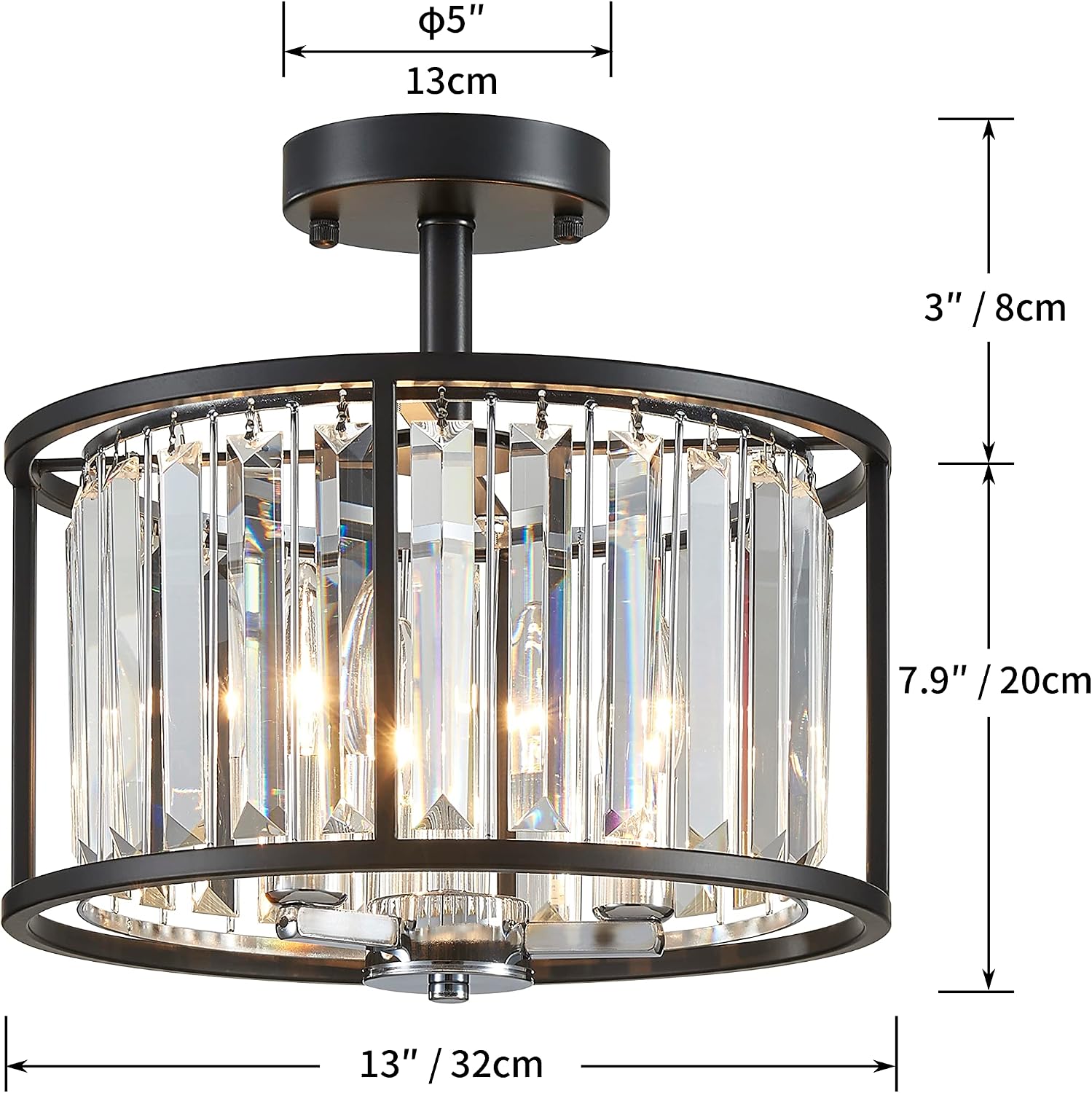 AGV LIGHTING K9 Crystal Ceiling Light Fixture Modern Semi Flush Mount Ceiling Light Fixture,E12 Base 3-Lights, D13 x H15,Chrome & Matte Black Finish Metal Frame Chandelier for Bathroom, Bedroom image 3