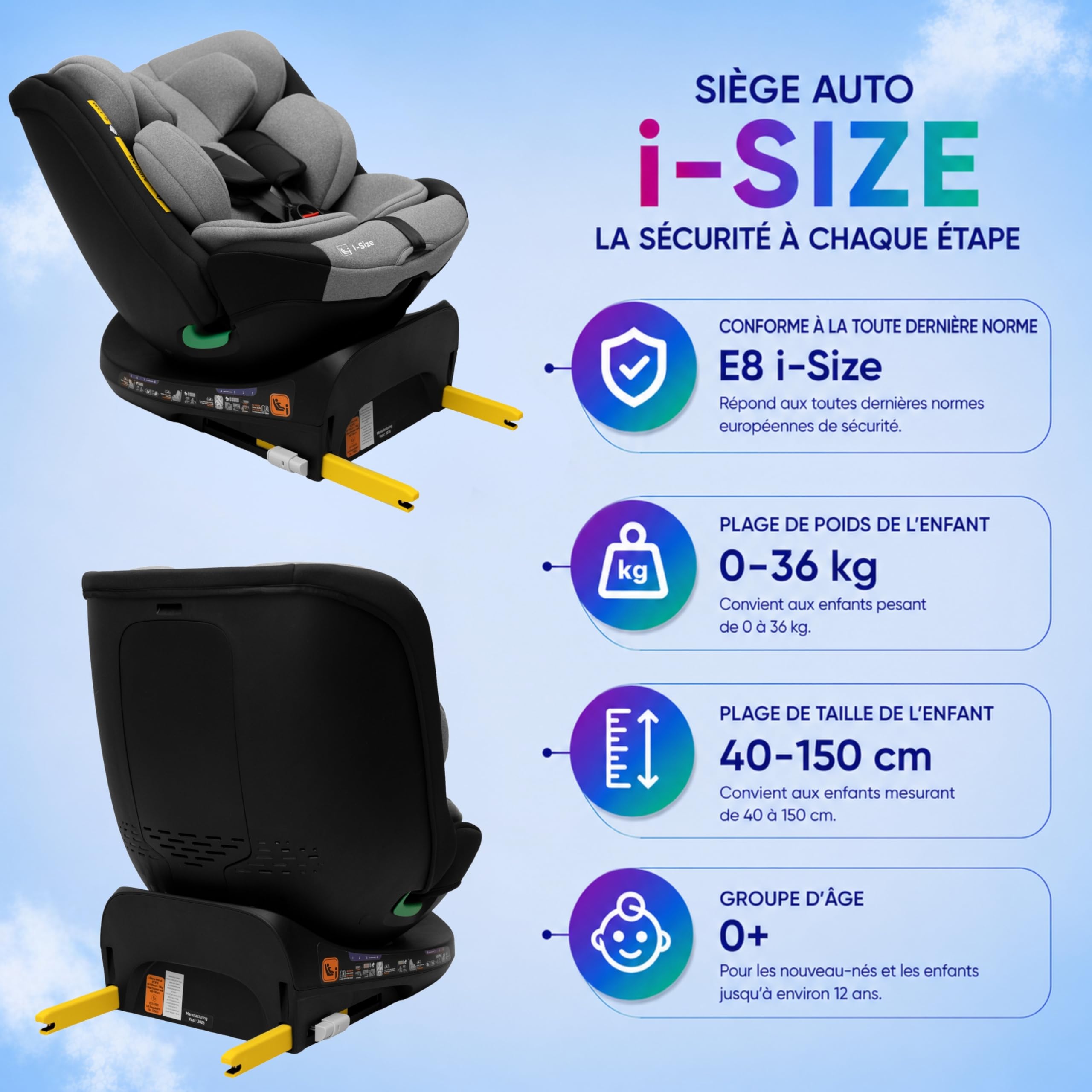 KidsZone i-Size Siège Auto Bébé 0 à 36kg, 0-12 Ans, 40-150 cm - Siege Auto Isofix 360 Pivotant avec Jambe de Force - 8 Positions Inclinaison, 12 Positions Appui-tête