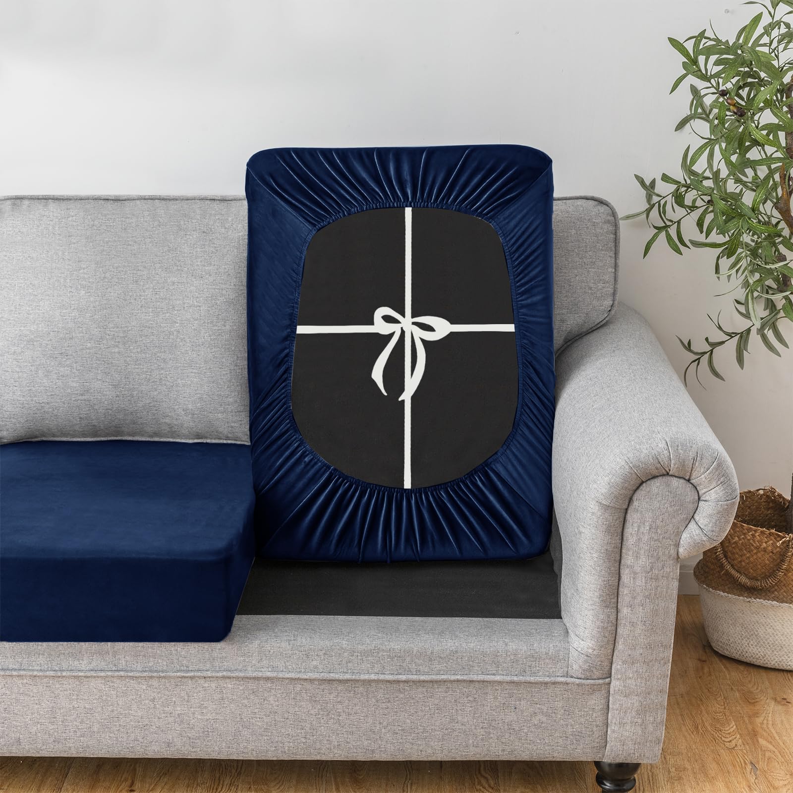 UNBBRRL Sofa Cushion Cover Stretch Velvet, Removable Sofa Seat Cushion Cover With Ties, Sofa/Couch/Settee Covers Furniture Protector replacement (blue,W(160-190cm),D(90-110cm))