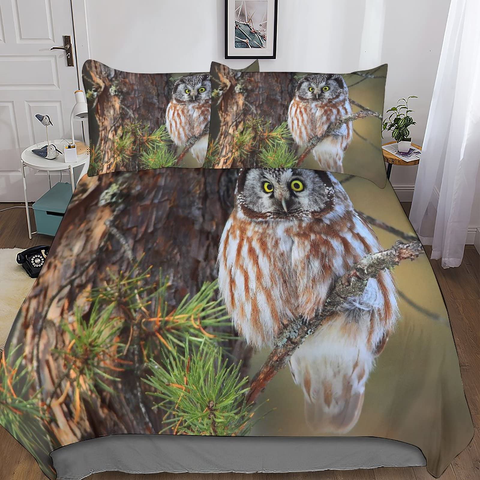 Parure de lit hibou microfibre anti-plis avec fermeture éclair taies double