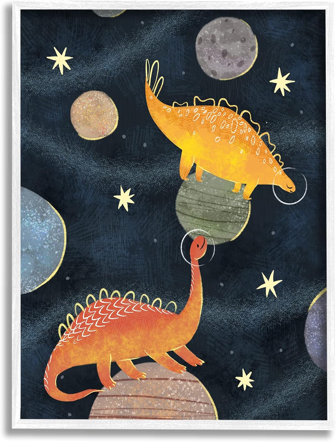 Stupell Industries Dinosaur Astronauts on Space Planets Yellow Stars, Designed by Ziwei Li White Framed Wall Art, 16 x 20, Blue