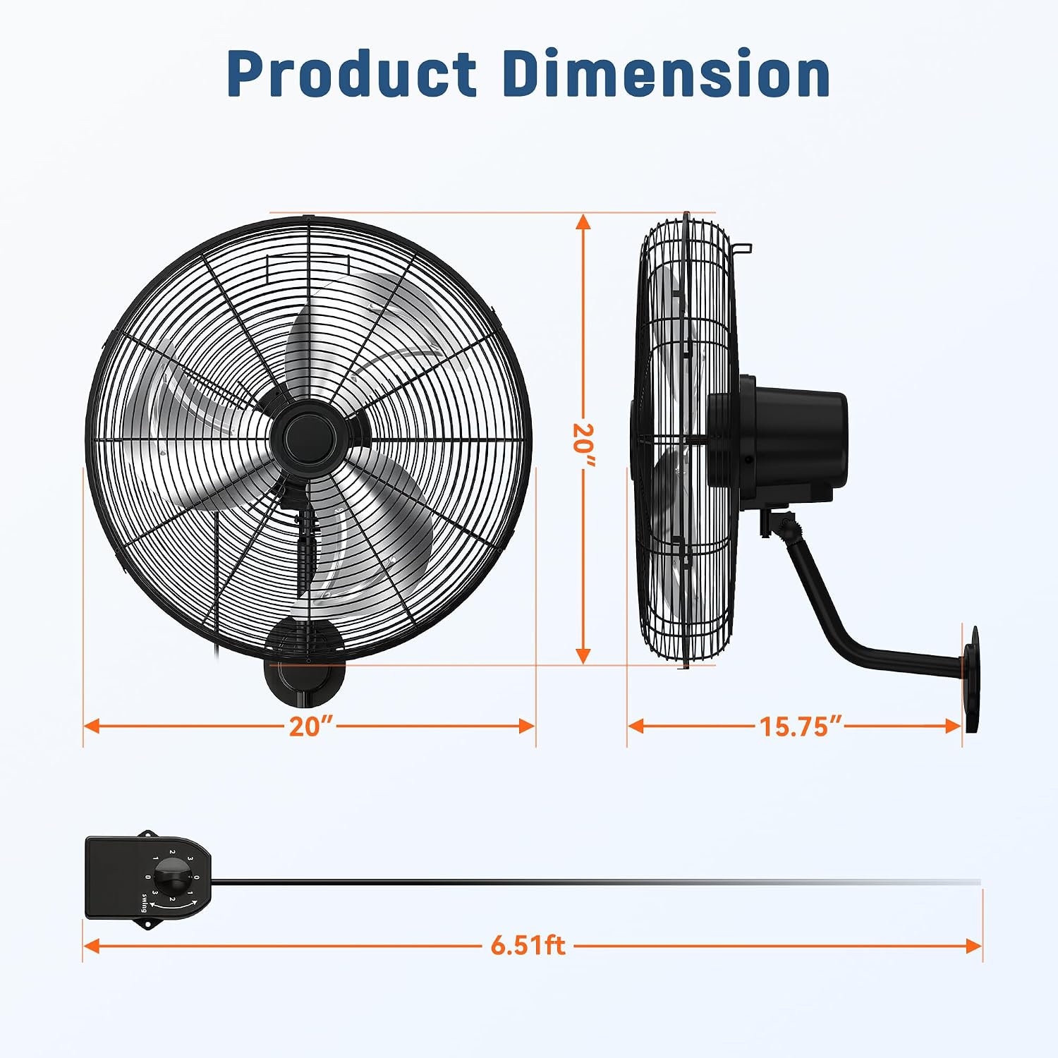 Manastin 20 Inch Industrial Wall Mount Fan, Heavy Duty High Velocity Oscillating Wall Fan with 3 Speeds, 360° Adjustable Tilt Wall Mounted Fan for Garage, Workshop, Warehouse, Patio, Commercial