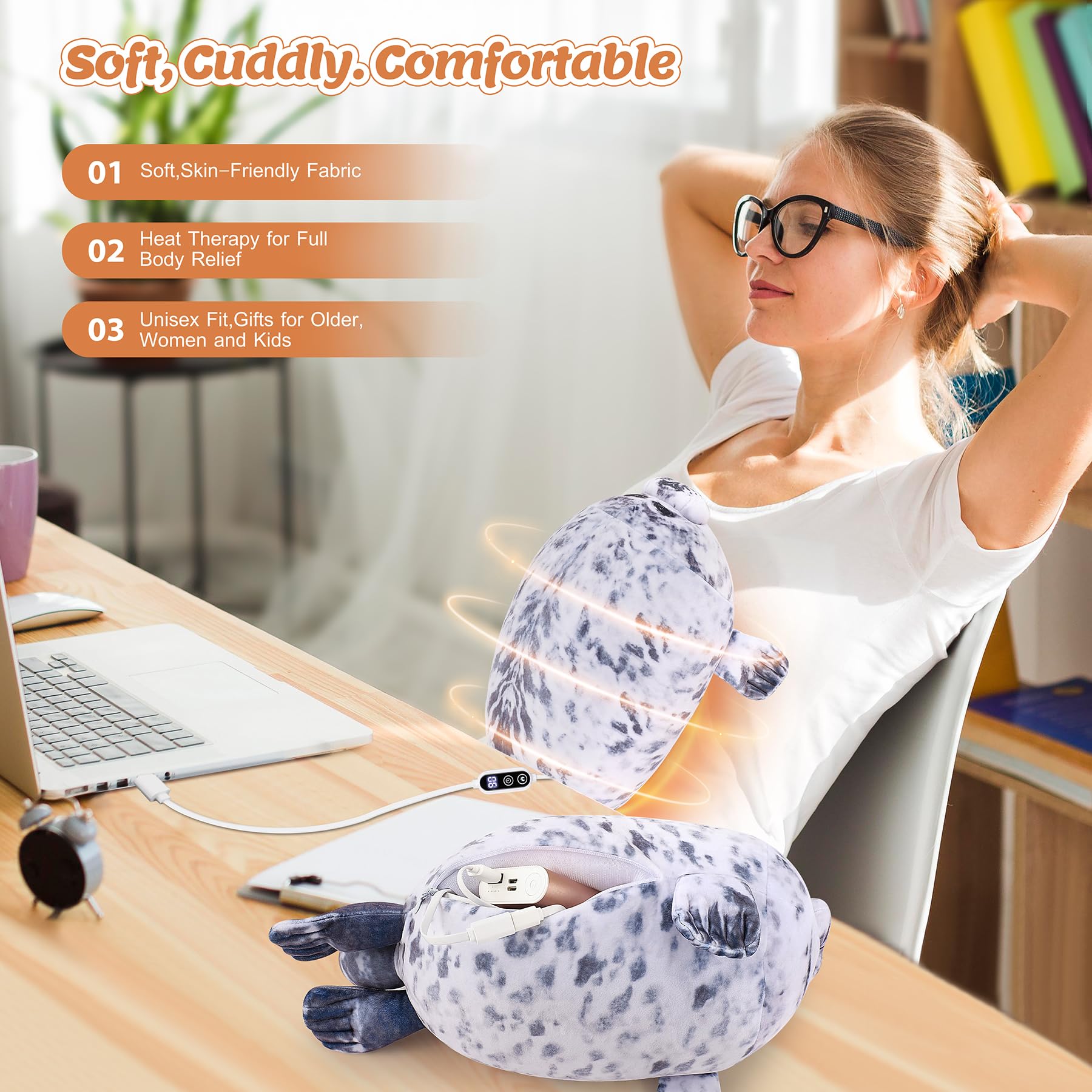 Seal - Cuscinetto riscaldante in peluche per alleviare il dolore, cuscino riscaldato unisex per crampi, copertura in peluche per collo, spalle e schiena, cuscino riscaldato a forma di animale