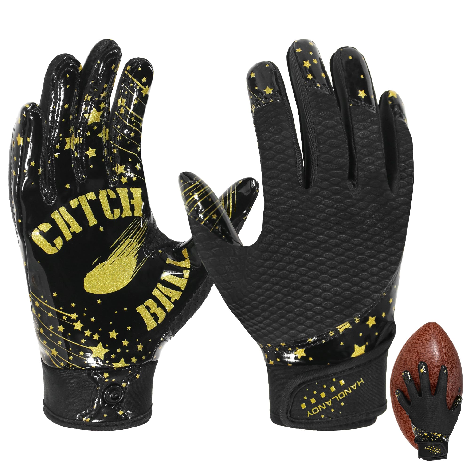 HLDD HANDLANDY Football Gloves Youth - High Grip Football Gloves Stretch Fit for Enhanced Performance for Boys Girls (Black-Gold, XS)