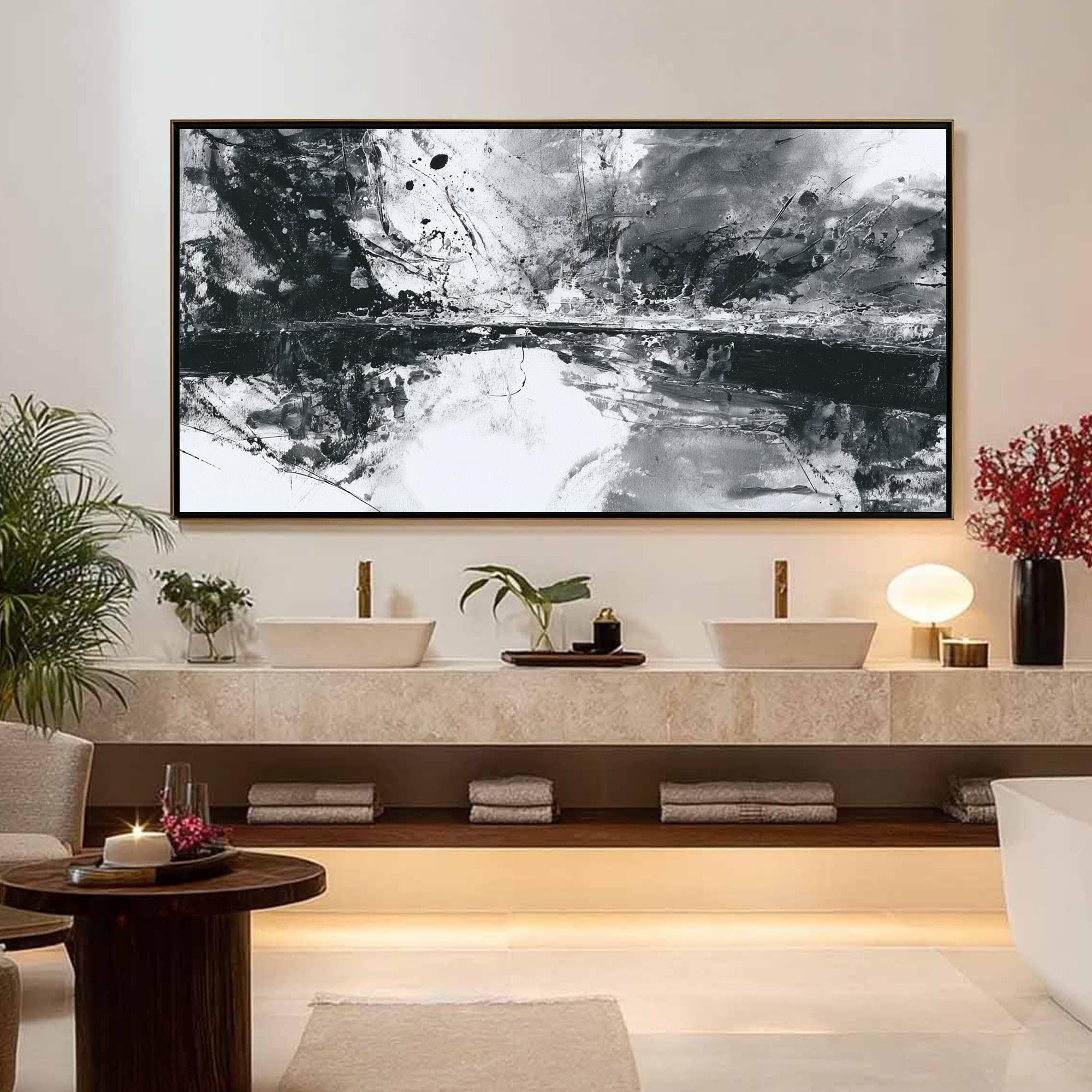 UUDEZO Gran cuadro abstracto al óleo en blanco y negro, arte de pared para la decoración de la sala de estar (80x160cm (31x63in)