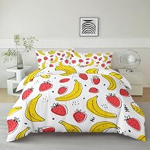 2PCS Reversible Duvet Cover Set Twin, Colorful Fruit Bananas Strawberries Bedding Set 1 Duvet Cover and 1 Pillowcases, Comfy Home Decor for Kids Teens Aldult, Soft Bedding Set Zipper Closure