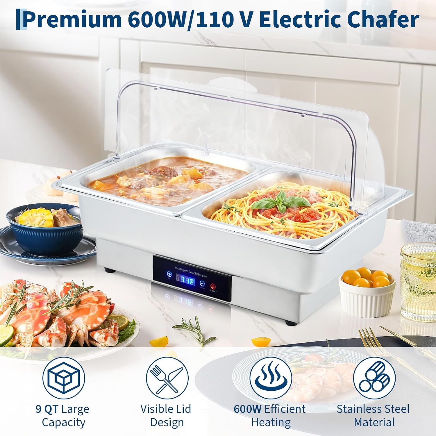 Garvee Electric Chafing Dish Buffet Set, 9 QT Stainless Steel Food Warmer with Temperature Control & Transparent Roll Top Lid, Catering Server for Parties, Banquets, Buffets, Keeping Food Warm & Fresh