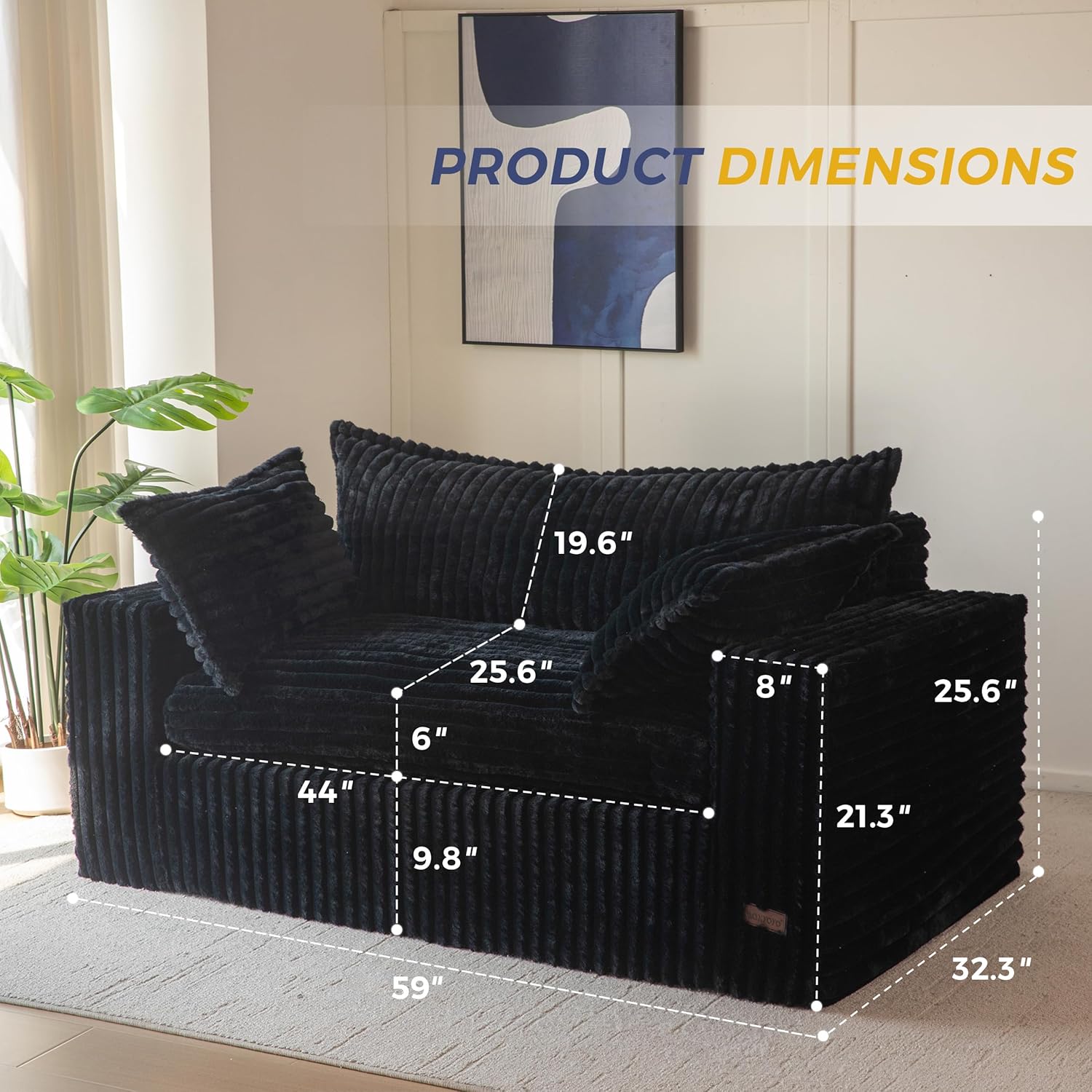 maxyoyo 59" bean bag sofa couch, loveseat boneless couch in a box, upholstered small mini sofa with deep seating for living room bedroom office apartment, no assembly, black loveseat black