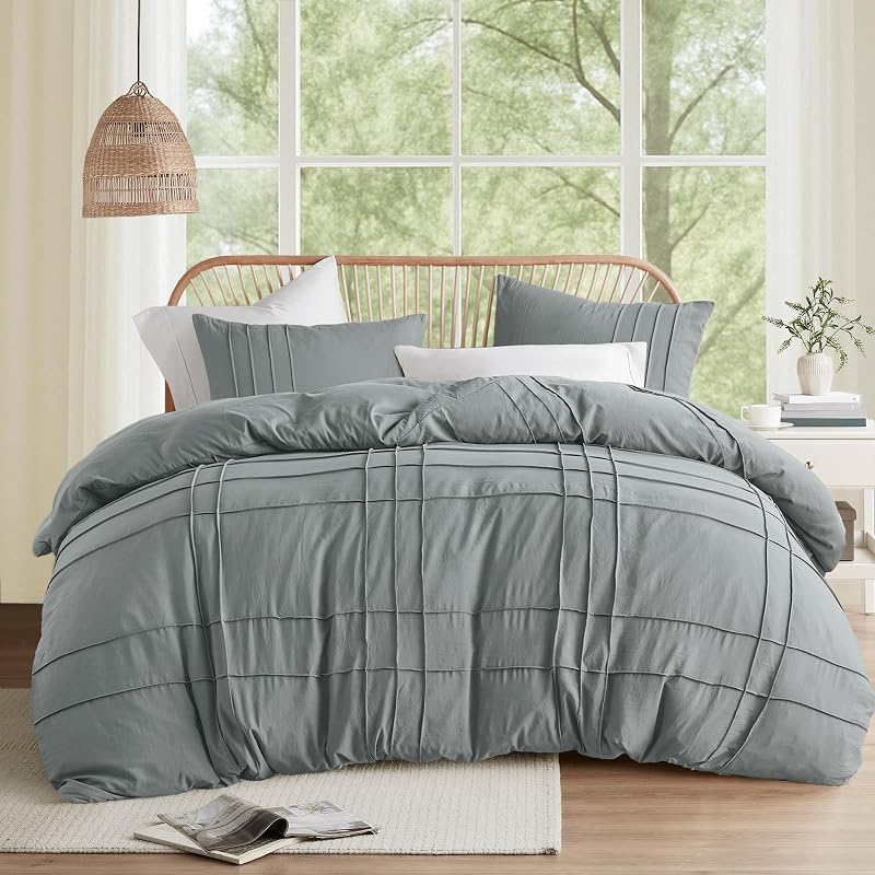 Comfort Spaces Porter Soft California King Duvet Cover Set, Blue Grey, 3P | Pintuck Pleated Bedding Sets, All Season Lightweight, Extra Softness Pre-Washed Microfiber Bed Set, Shams