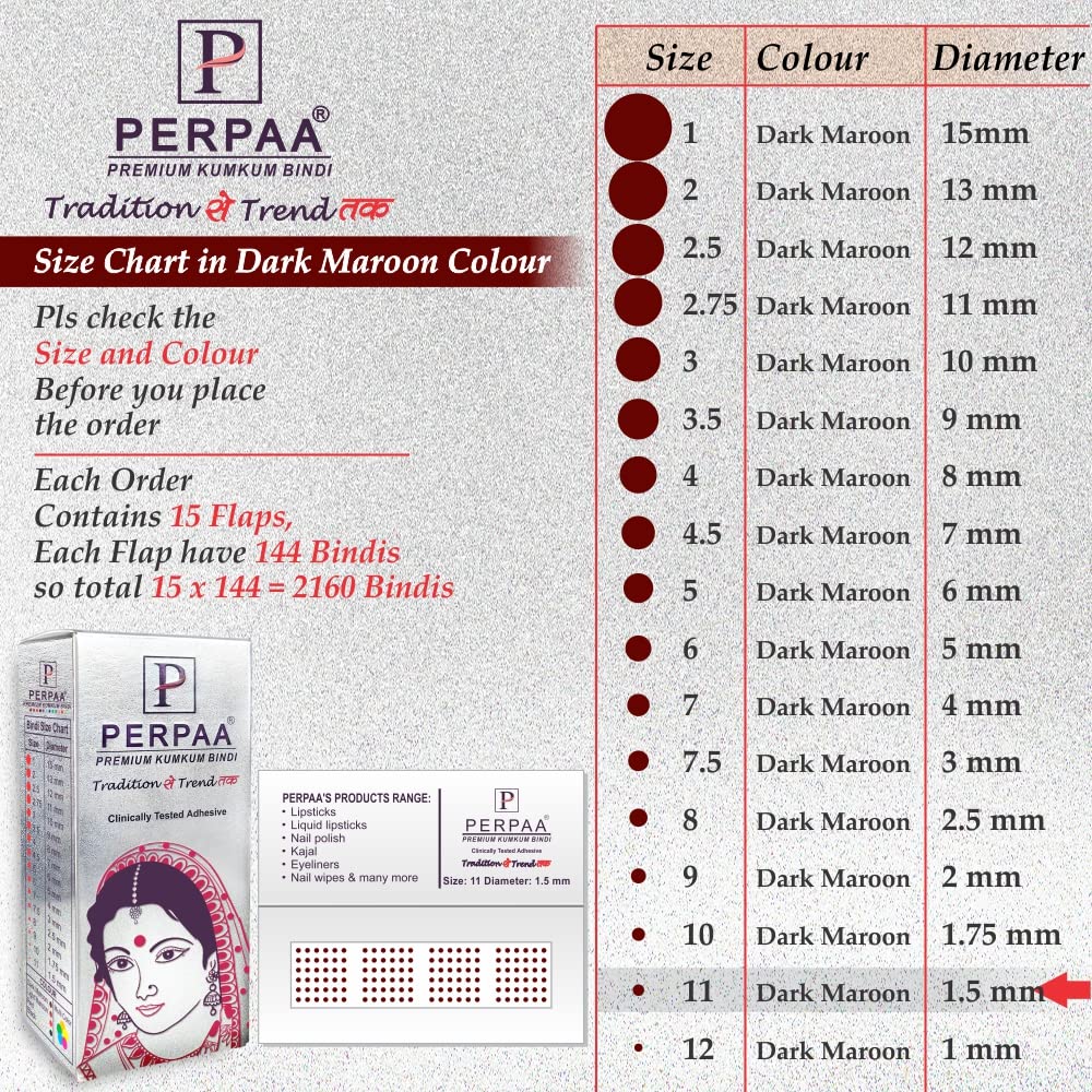 PERPAA Kumkum Dark Maroon Round Bindi Book for Ladies Forehead Pack of 2-15 Flaps Each Box (Stick On) (11, Diameter 1.5mm) 4