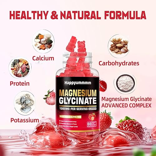 Miniatura 2 de Gomitas de glicinato de magnesio de 1000 mg Suplemento de magnesio y potasio sin azúcar con vitamina D, B6, CoQ10 para un estado de ánimo tranquilo